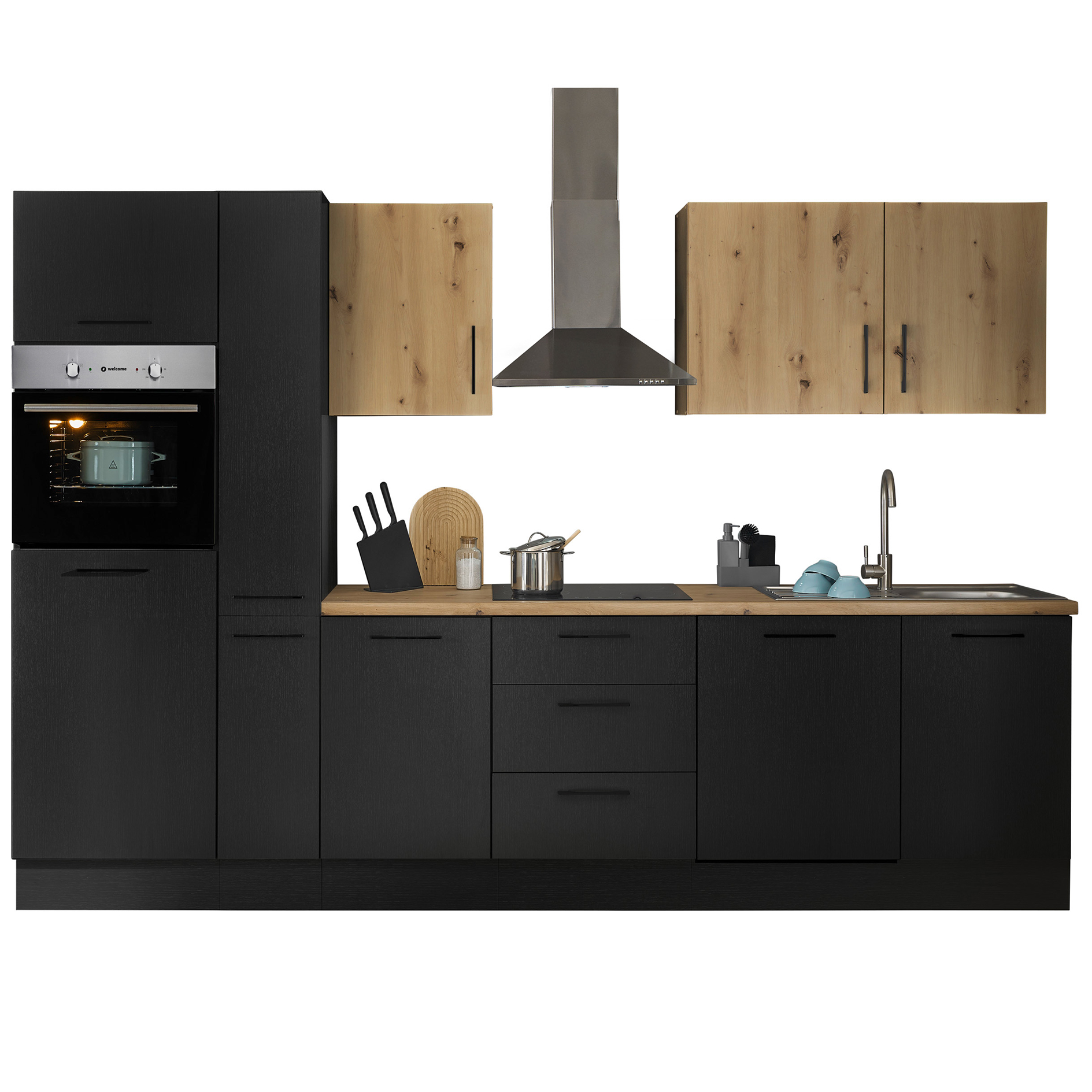 Küchenzeile TURIN - schwarz matt Woodprint - Artisan Eiche - mit E-Geräten - Edelstahlspüle - 310 cm
