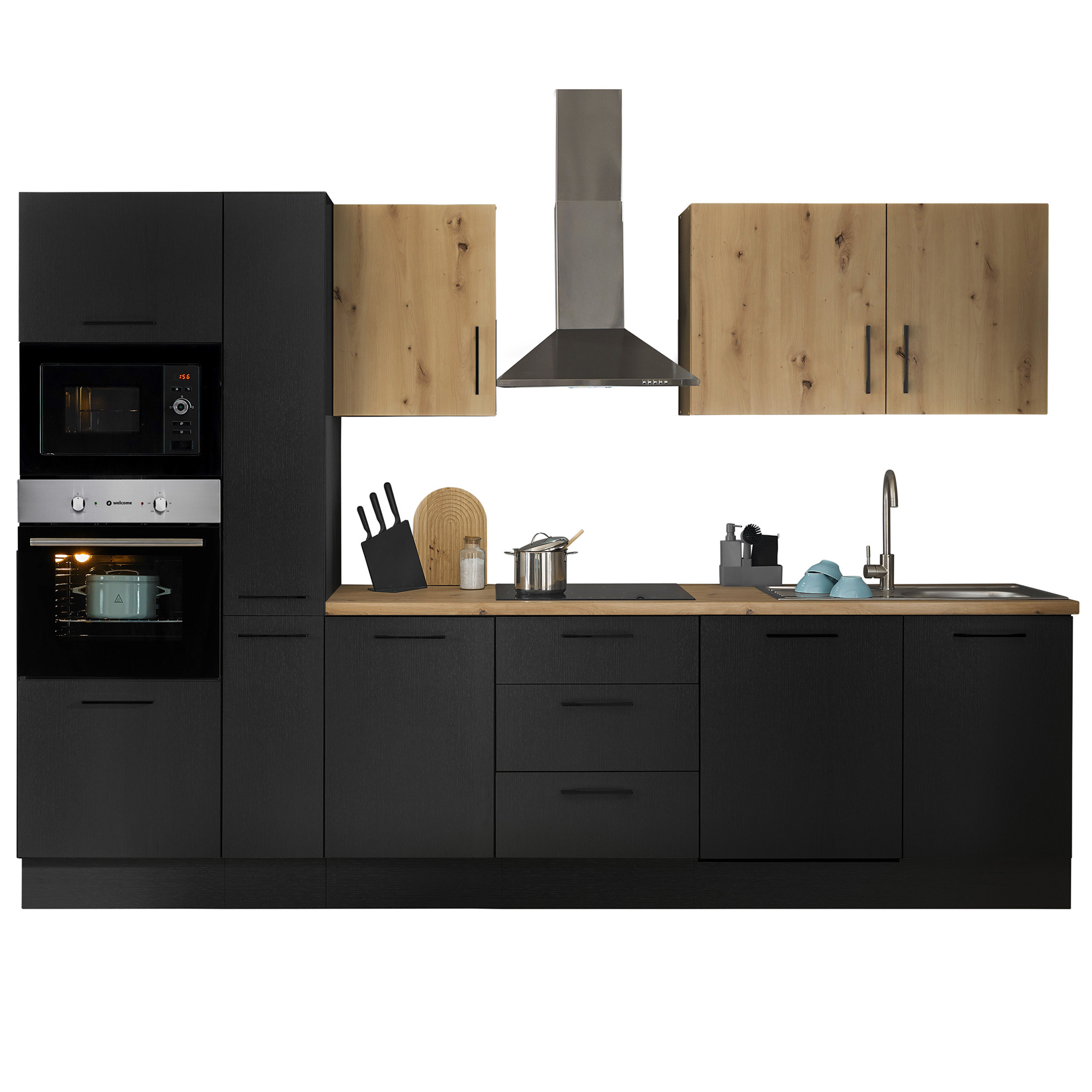 Küchenzeile TURIN - schwarz matt Woodprint - Artisan Eiche - mit E-Geräten - Edelstahlspüle - 310 cm