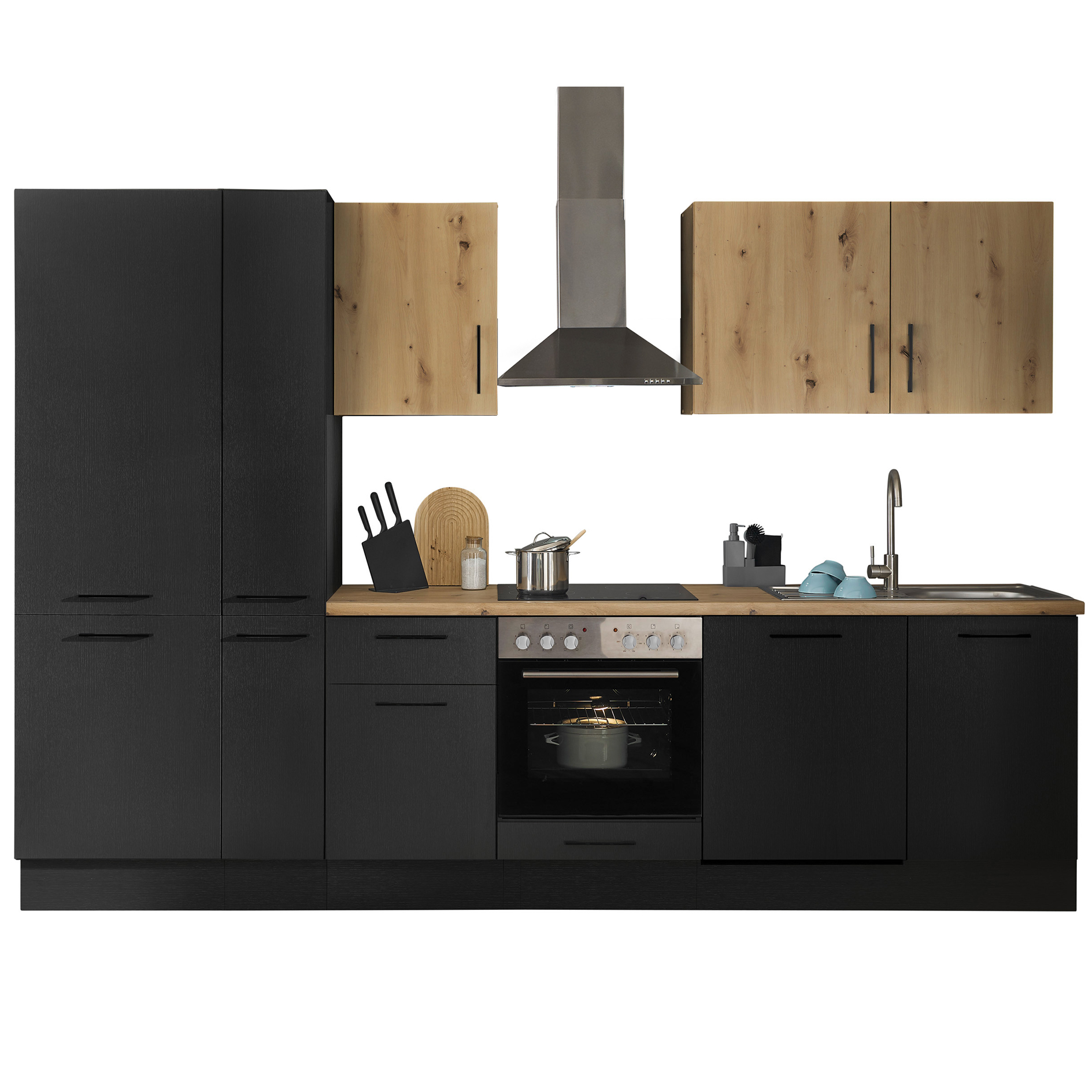 Küchenzeile TURIN - schwarz matt Woodprint - Artisan Eiche - mit E-Geräten - Edelstahlspüle - 310 cm