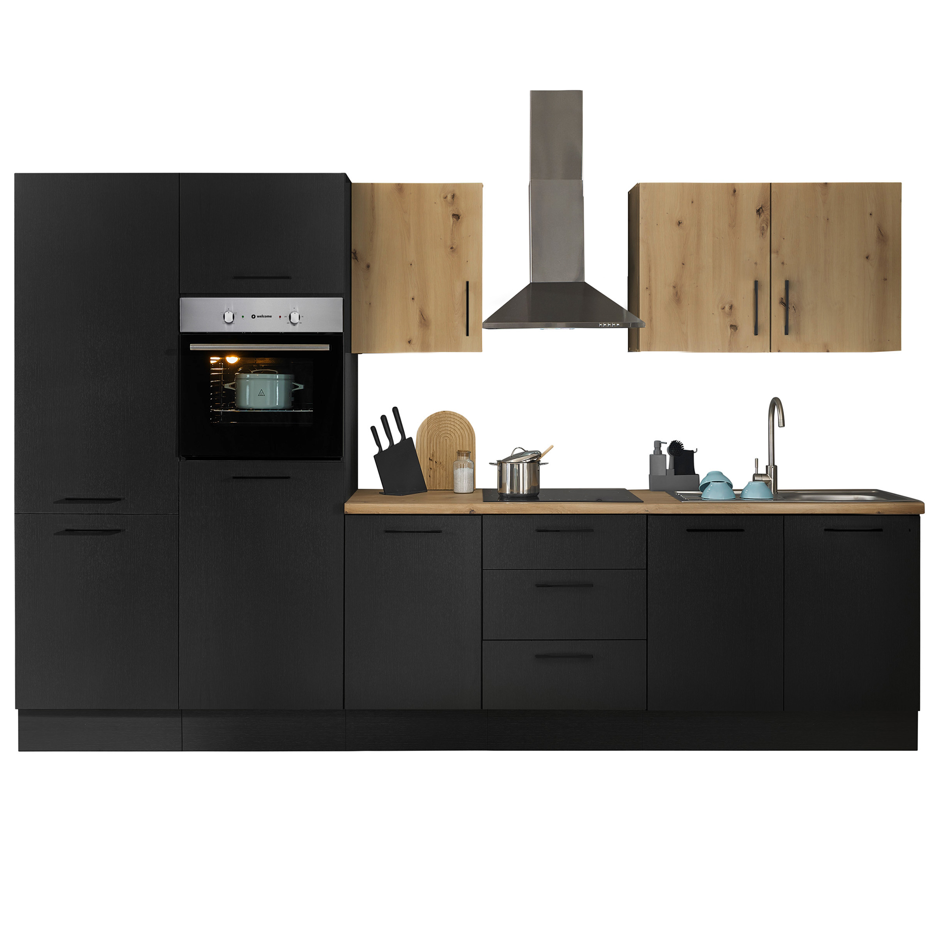 Küchenzeile TURIN - schwarz matt Woodprint - Artisan Eiche - mit E-Geräten - Edelstahlspüle - 330 cm
