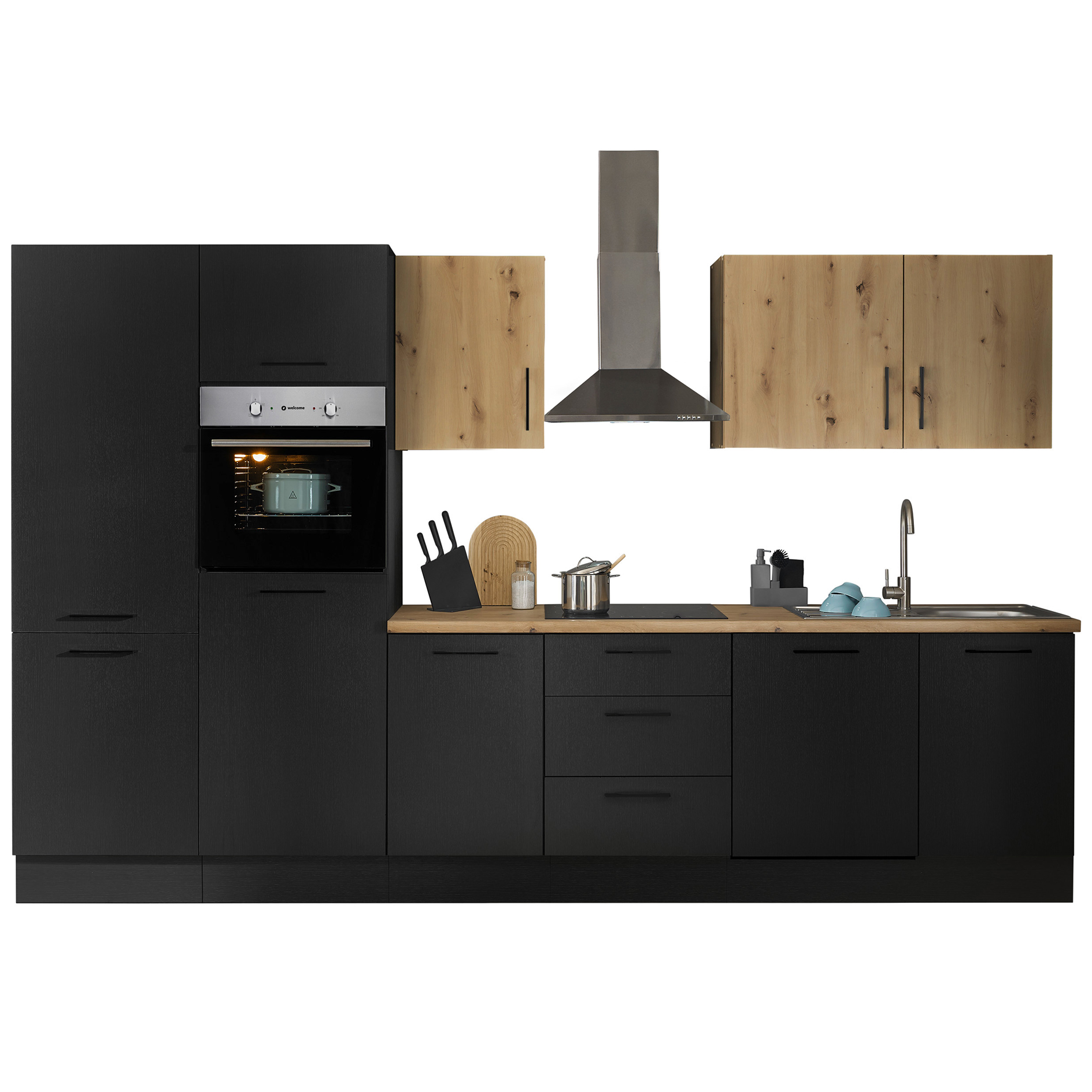 Küchenzeile TURIN - schwarz matt Woodprint - Artisan Eiche - mit E-Geräten - Edelstahlspüle - 340 cm
