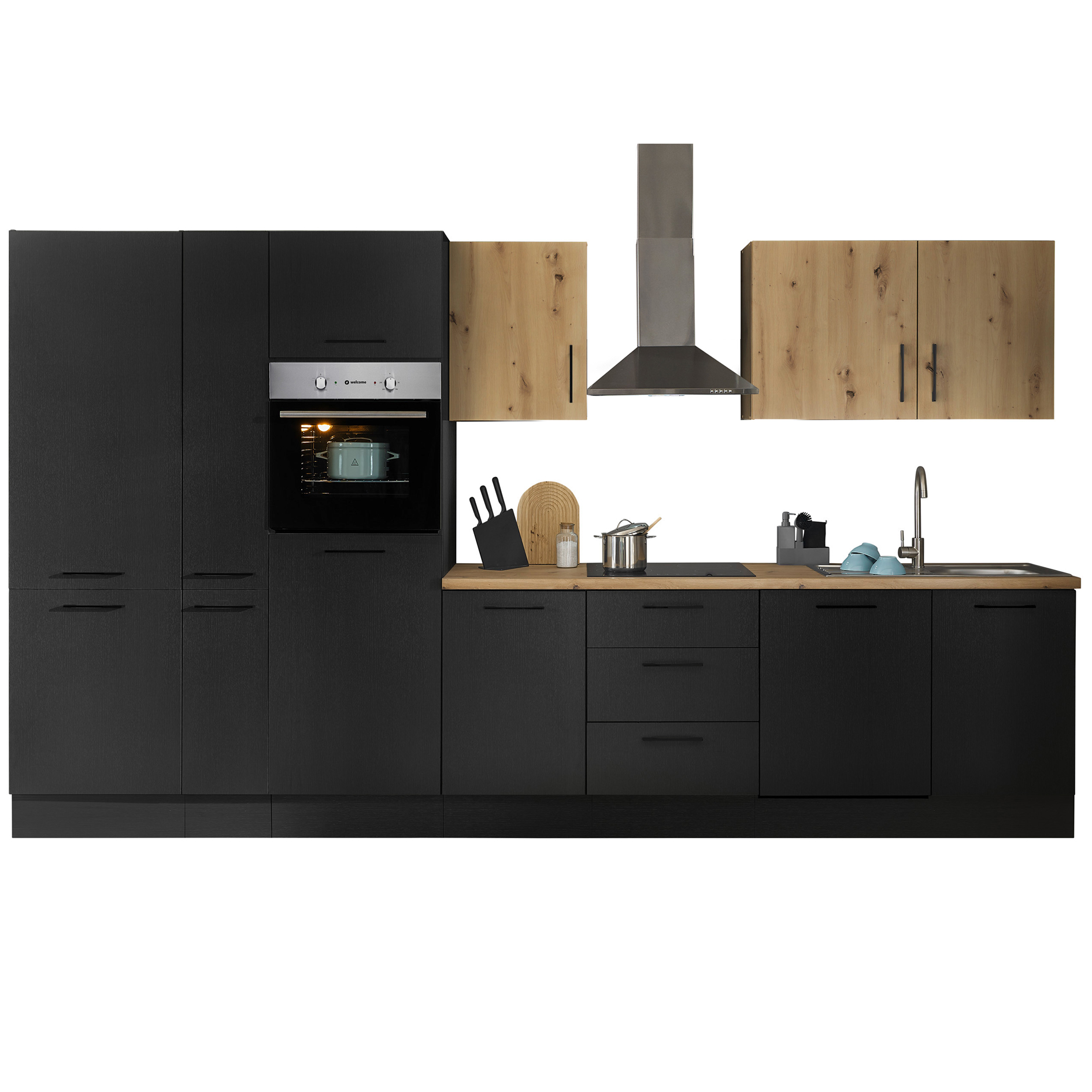 Küchenzeile TURIN - schwarz matt Woodprint - Artisan Eiche - mit E-Geräten - Edelstahlspüle - 370 cm