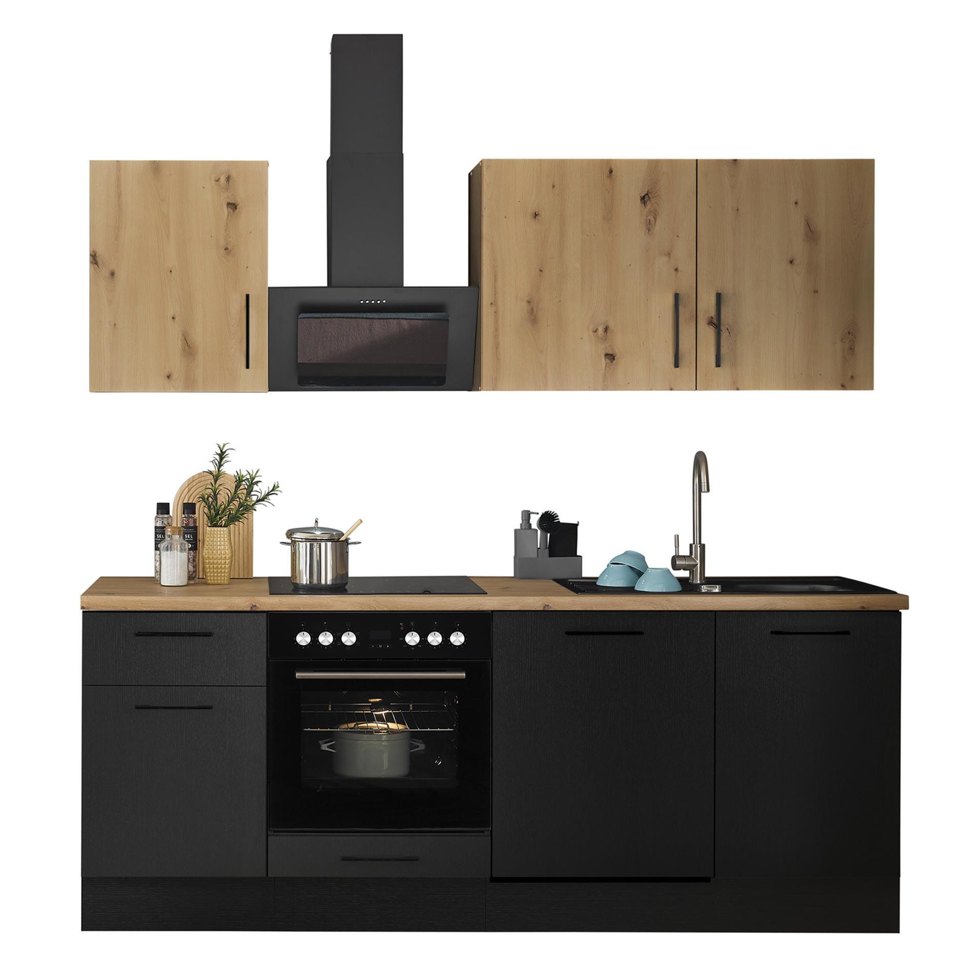 Küchenzeile TURIN - schwarz matt Woodprint - Artisan Eiche - mit E-Geräten - Granitspüle - 220 cm