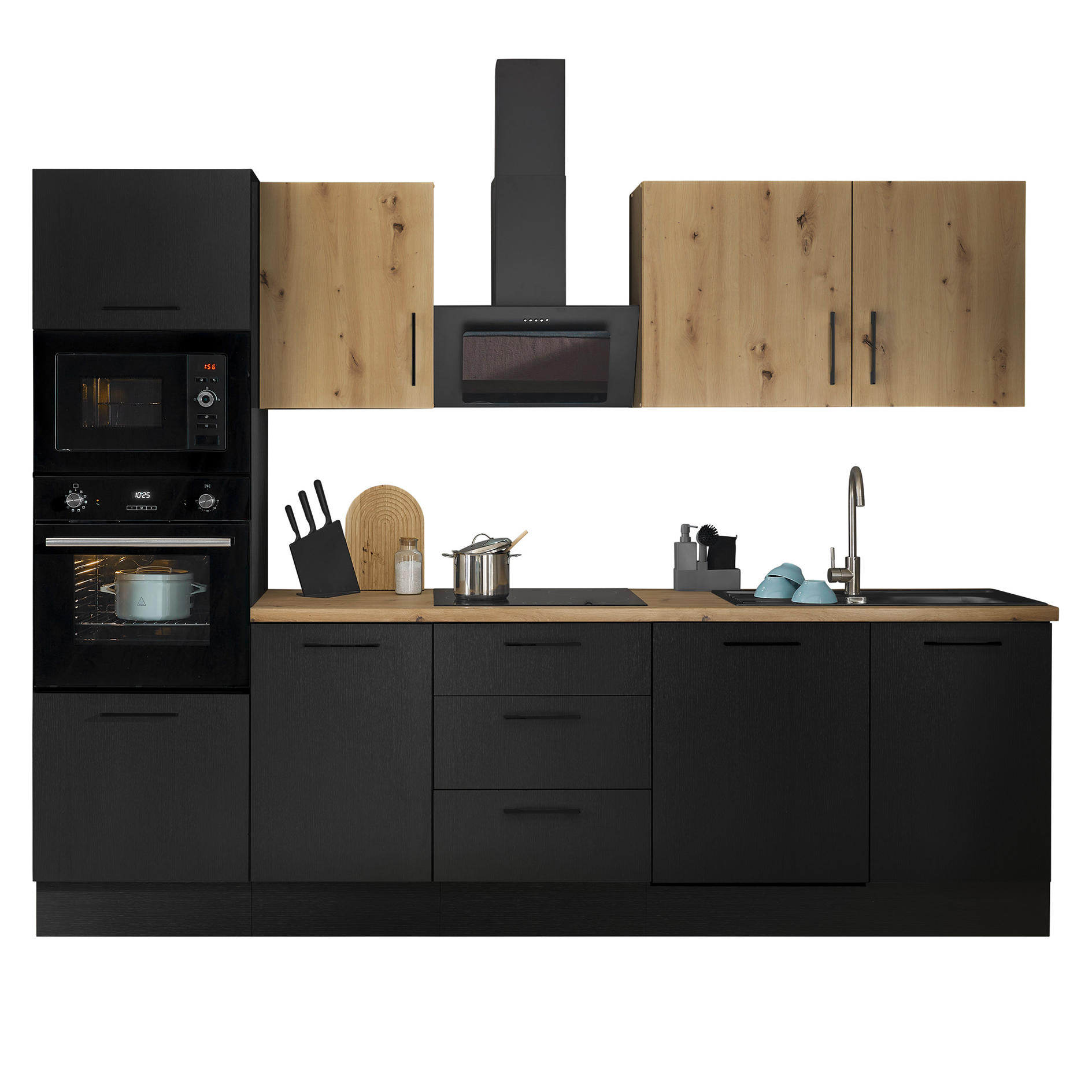 Küchenzeile TURIN - schwarz matt Woodprint - Artisan Eiche - mit E-Geräten - Granitspüle - 280 cm