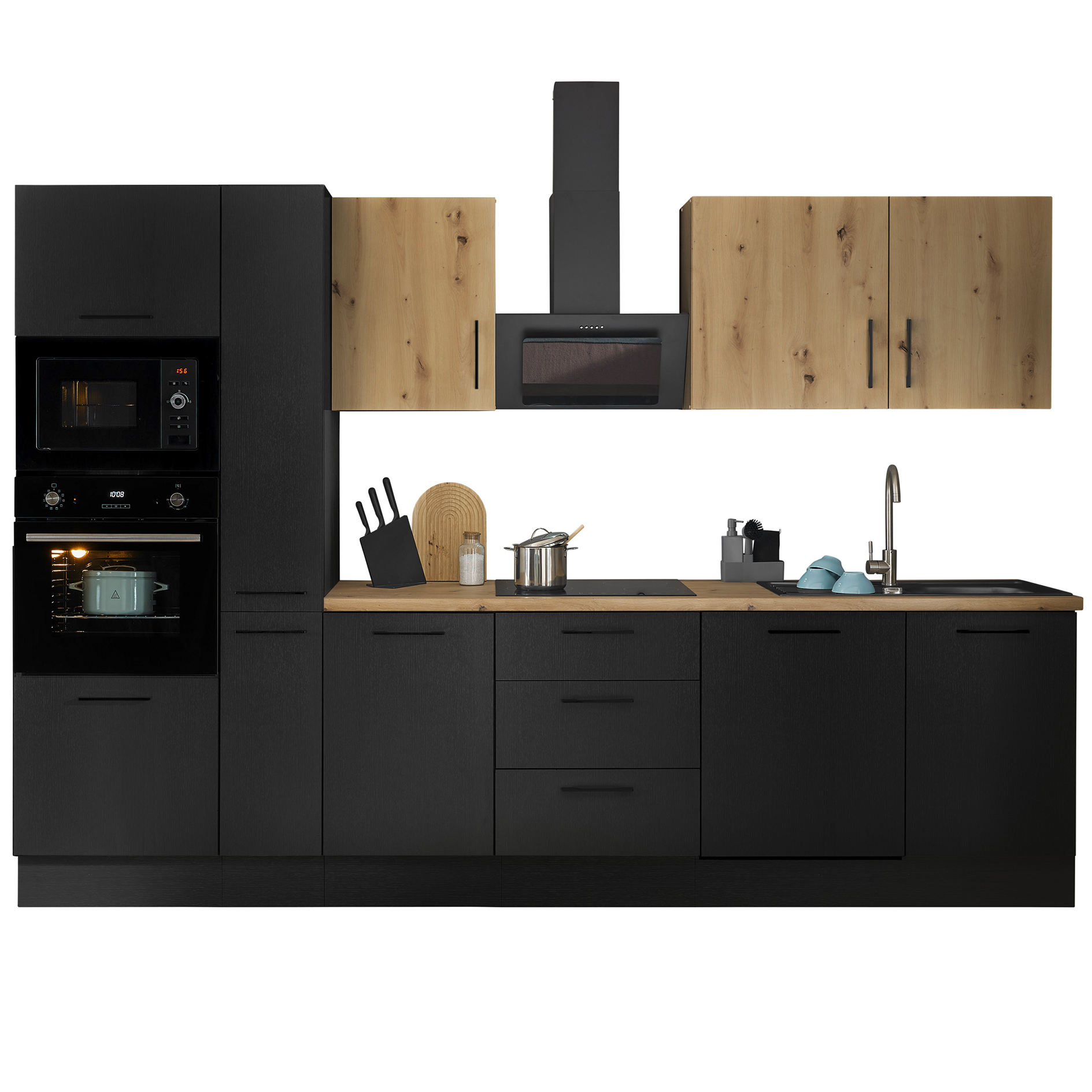 Küchenzeile TURIN - schwarz matt Woodprint - Artisan Eiche - mit E-Geräten - Granitspüle - 310 cm