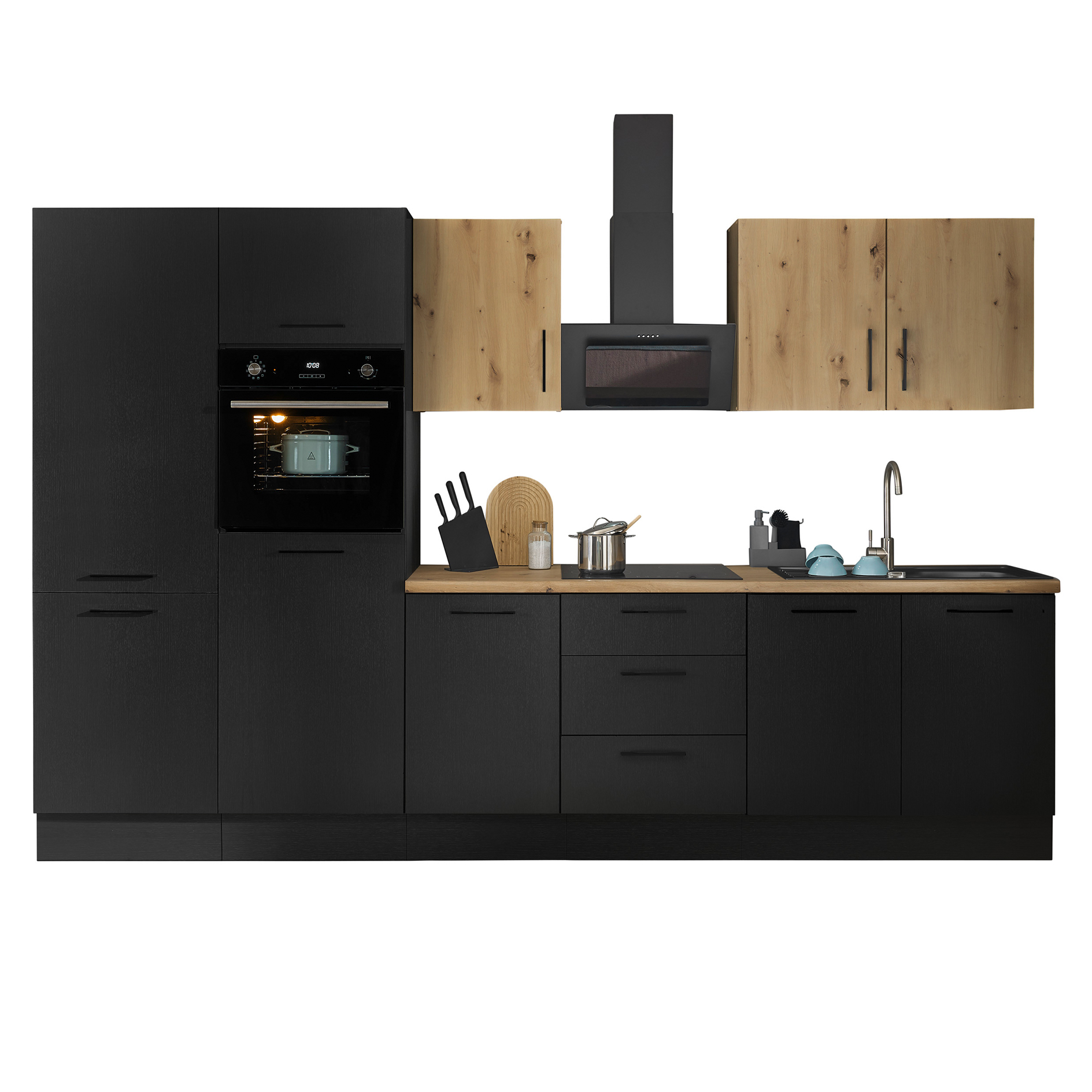 Küchenzeile TURIN - schwarz matt Woodprint - Artisan Eiche - mit E-Geräten - Granitspüle - 330 cm