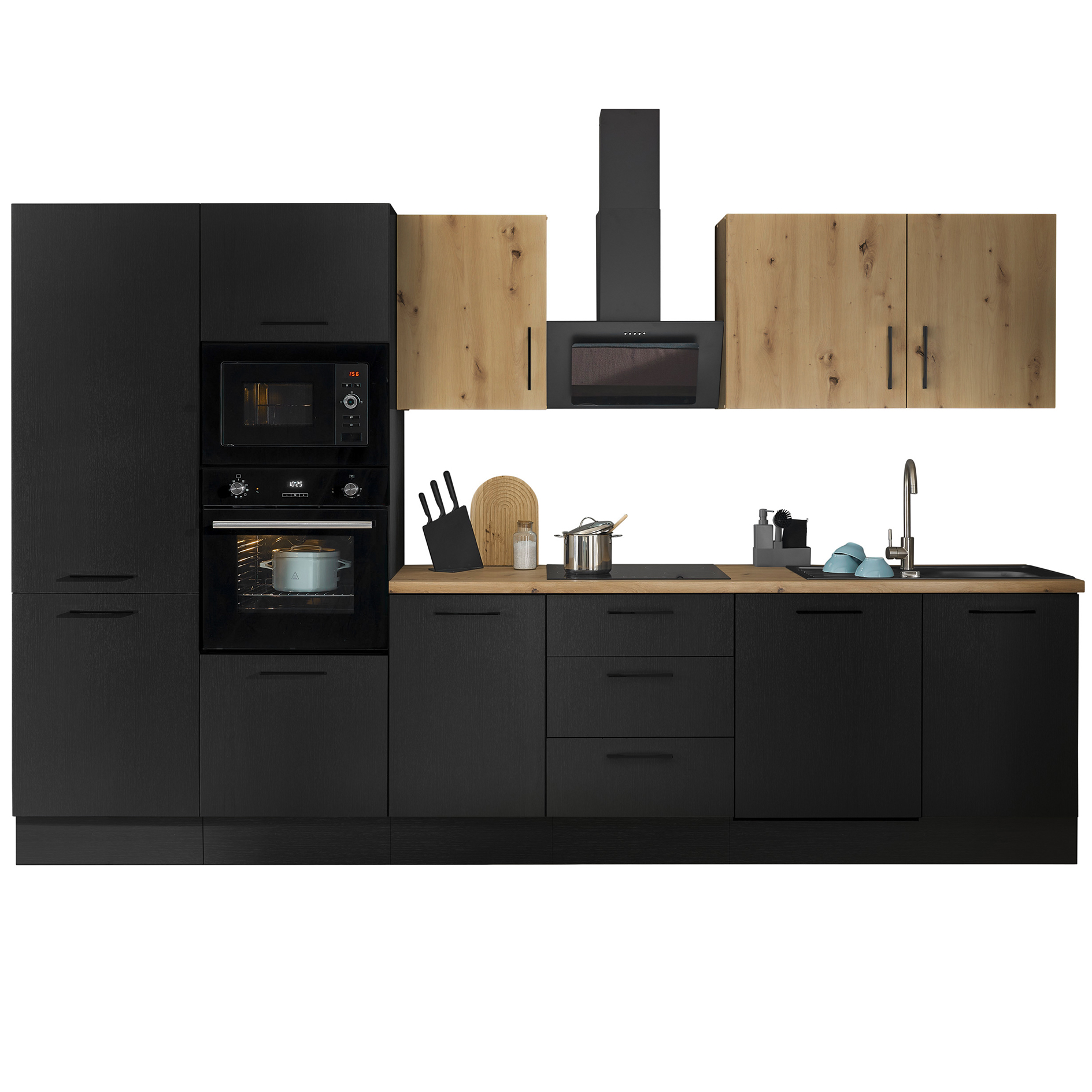Küchenzeile TURIN - schwarz matt Woodprint - Artisan Eiche - mit E-Geräten - Granitspüle - 340 cm