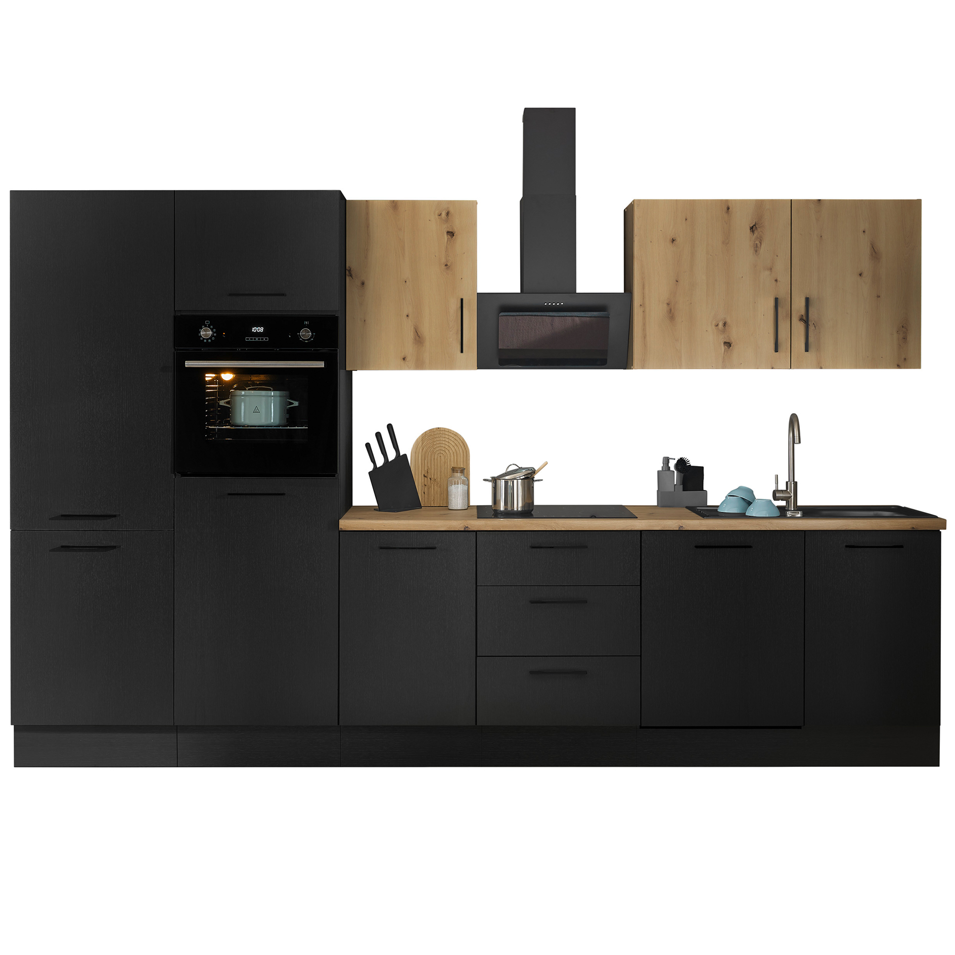 Küchenzeile TURIN - schwarz matt Woodprint - Artisan Eiche - mit E-Geräten - Granitspüle - 340 cm