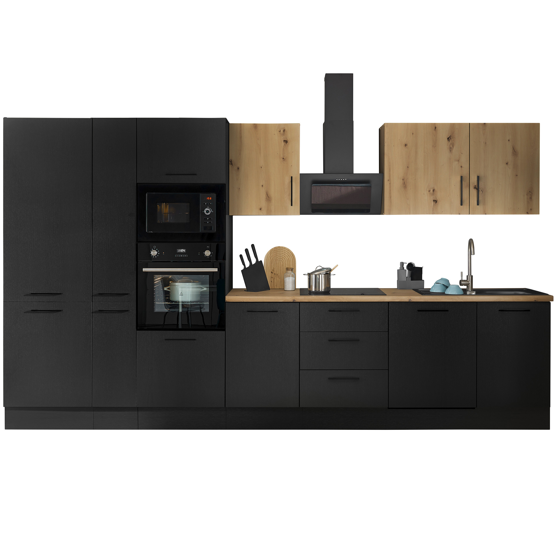 Küchenzeile TURIN - schwarz matt Woodprint - Artisan Eiche - mit E-Geräten - Granitspüle - 370 cm