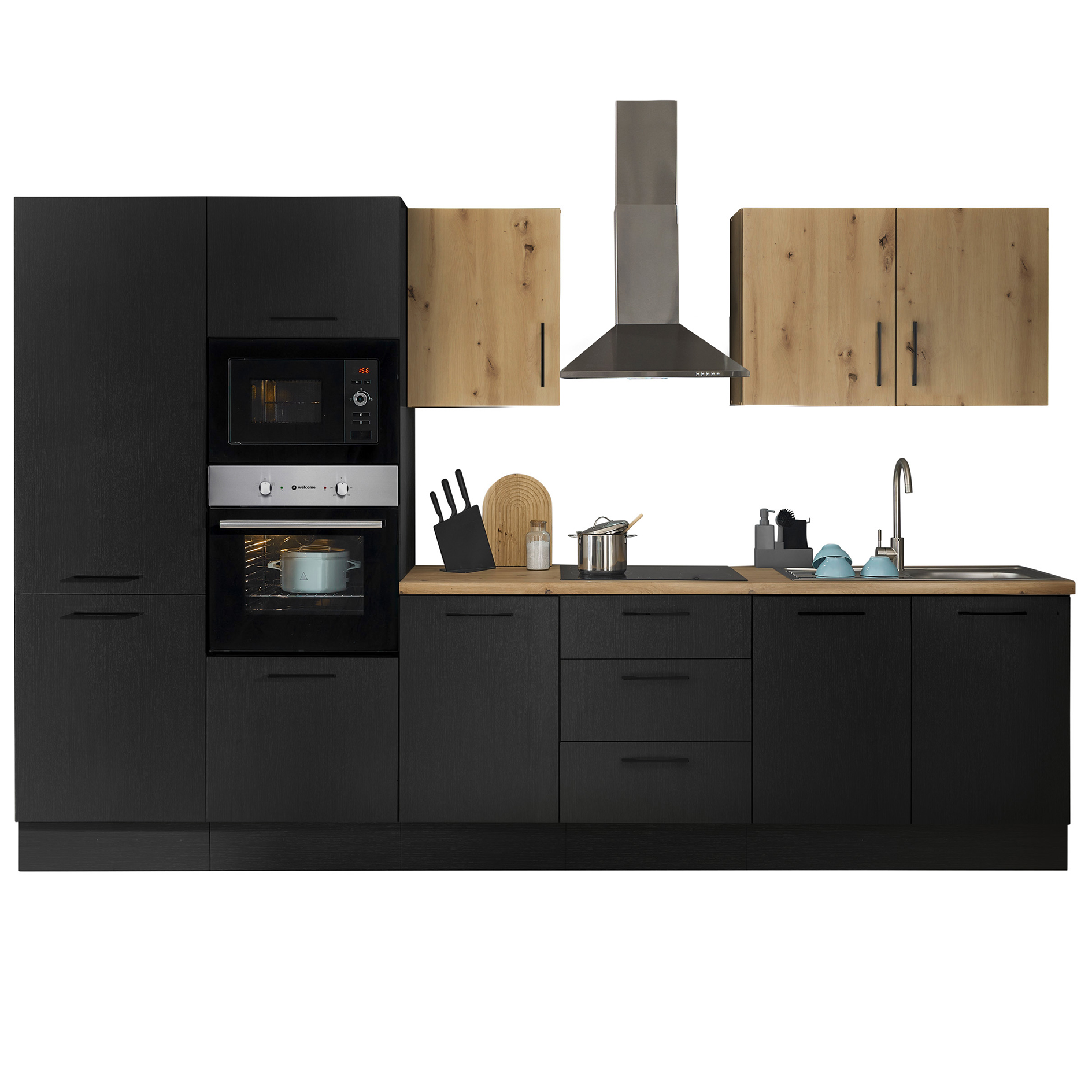Küchenzeile TURIN - schwarz matt Woodprint - mit E-Geräten - Edelstahlspüle - 330 cm