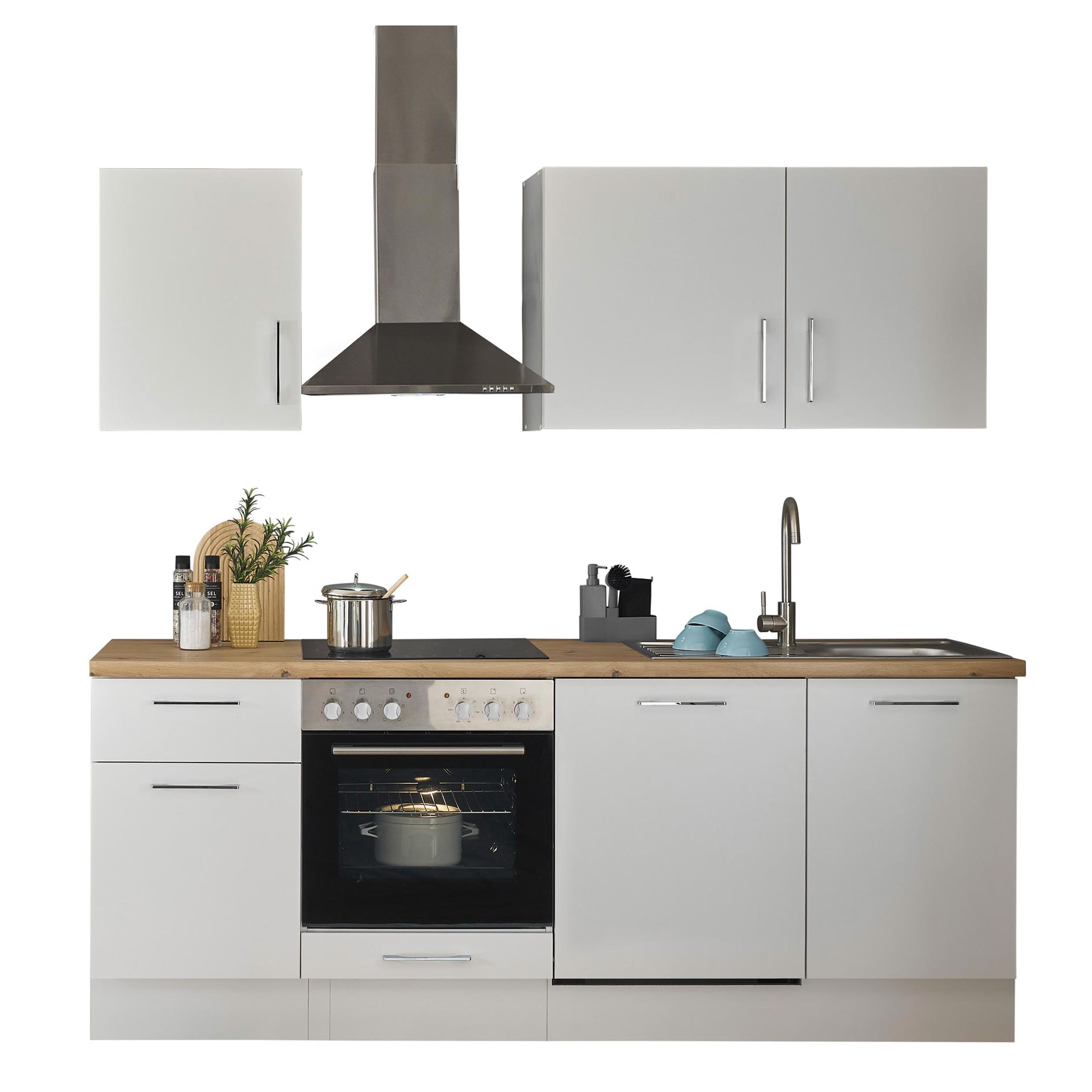 Küchenzeile TURIN - weiß matt - mit E-Geräten - Edelstahlspüle - 220 cm