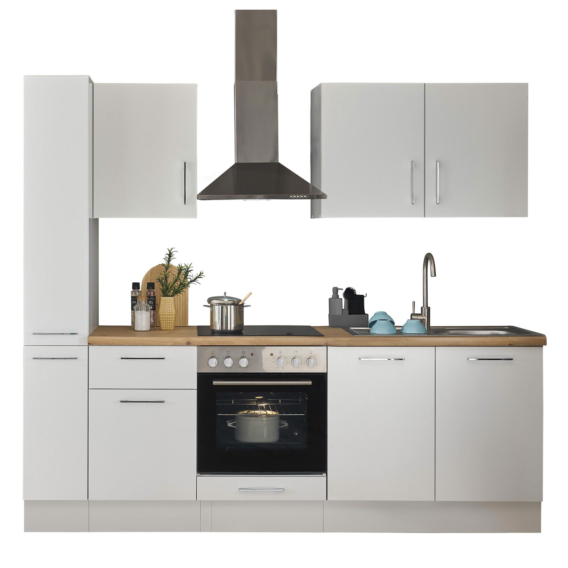 Küchenzeile TURIN - weiß matt - mit E-Geräten - Edelstahlspüle - 240 cm