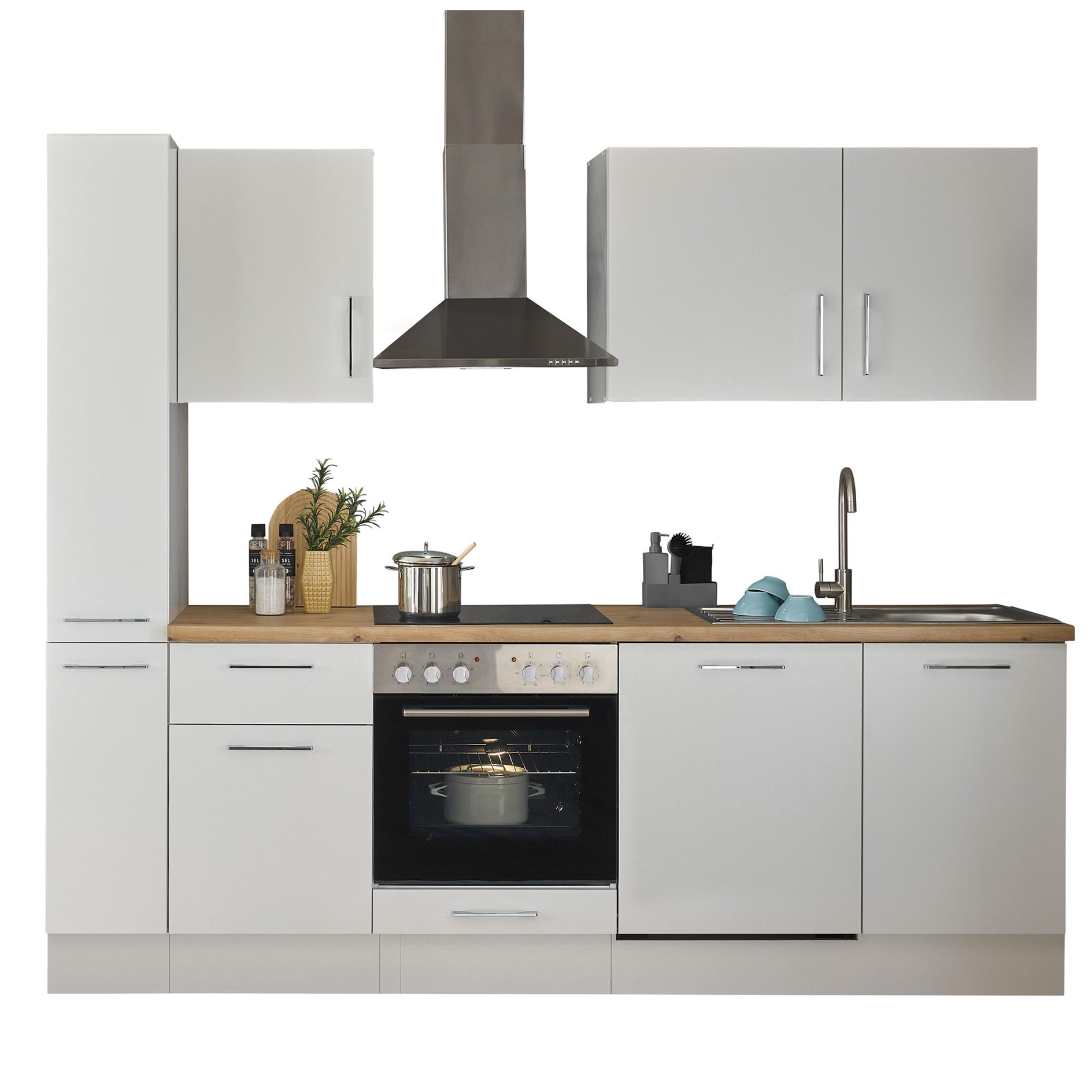 Küchenzeile TURIN - weiß matt - mit E-Geräten - Edelstahlspüle - 250 cm