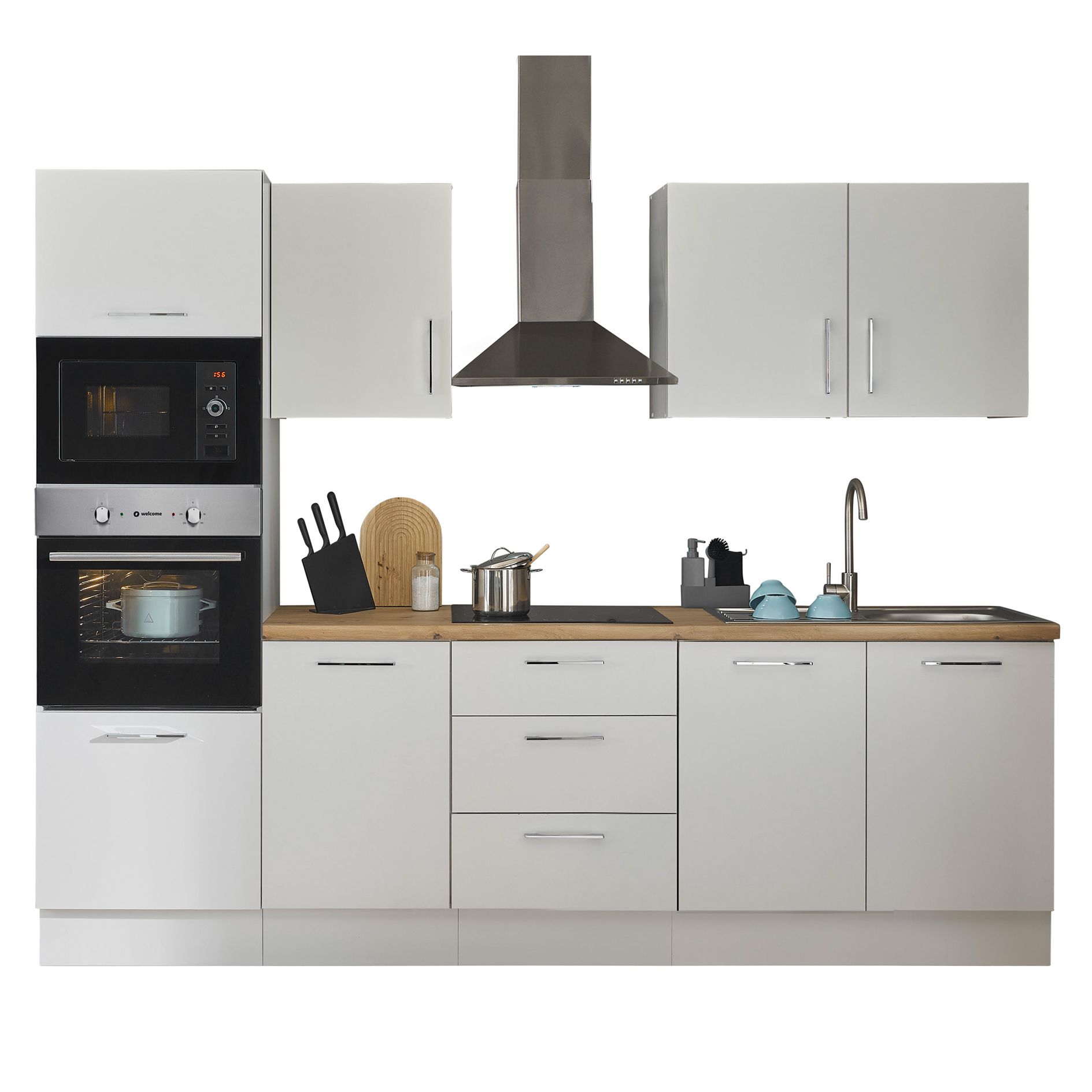Küchenzeile TURIN - weiß matt - mit E-Geräten - Edelstahlspüle - 270 cm