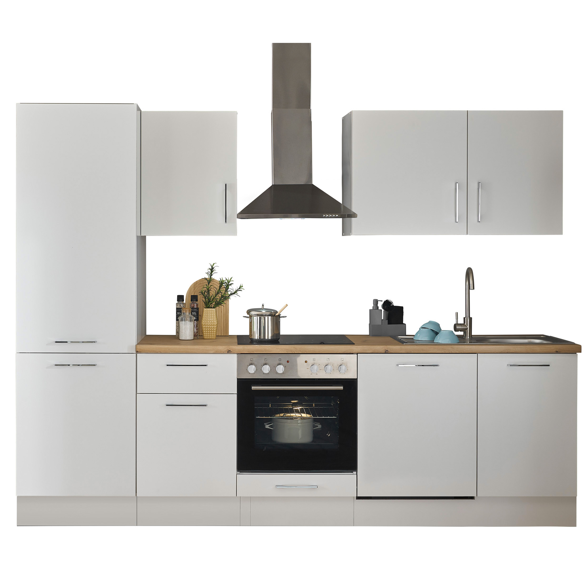 Küchenzeile TURIN - weiß matt - mit E-Geräten - Edelstahlspüle - 280 cm