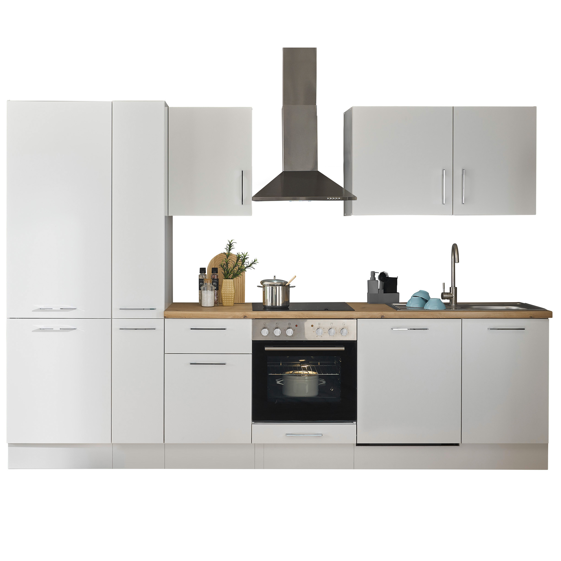 Küchenzeile TURIN - weiß matt - mit E-Geräten - Edelstahlspüle - 310 cm