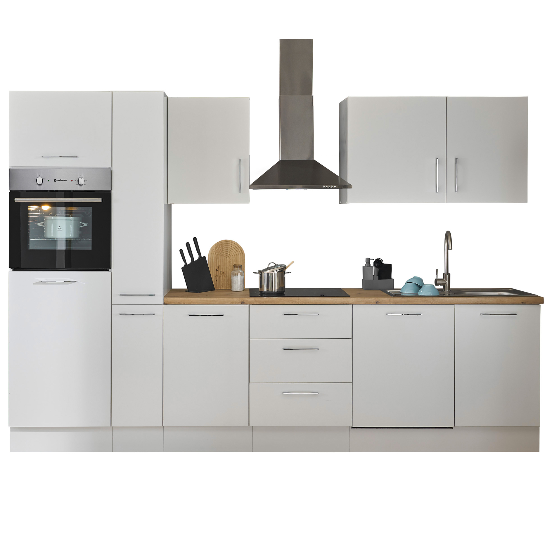 Küchenzeile TURIN - weiß matt - mit E-Geräten - Edelstahlspüle - 310 cm