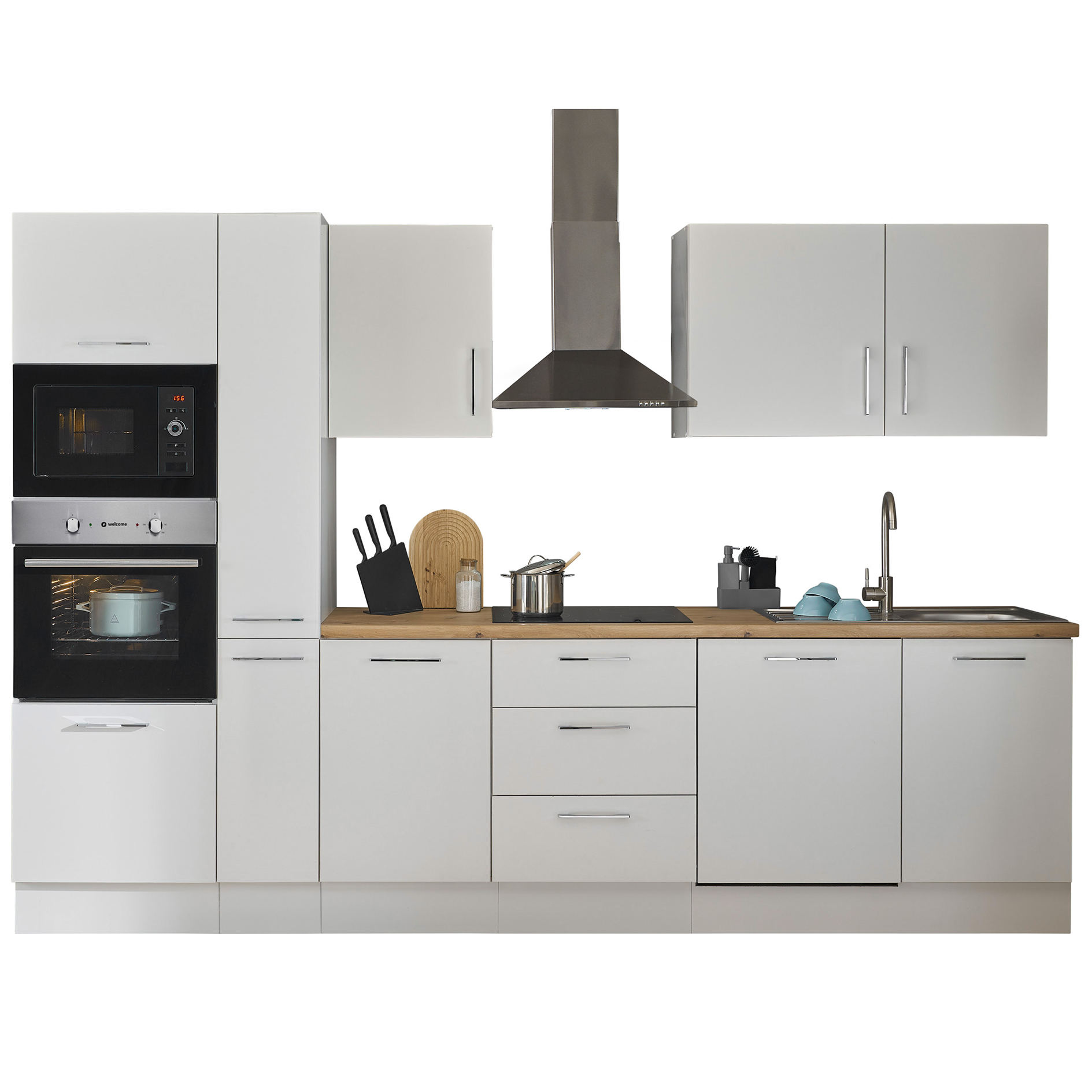 Küchenzeile TURIN - weiß matt - mit E-Geräten - Edelstahlspüle - 310 cm