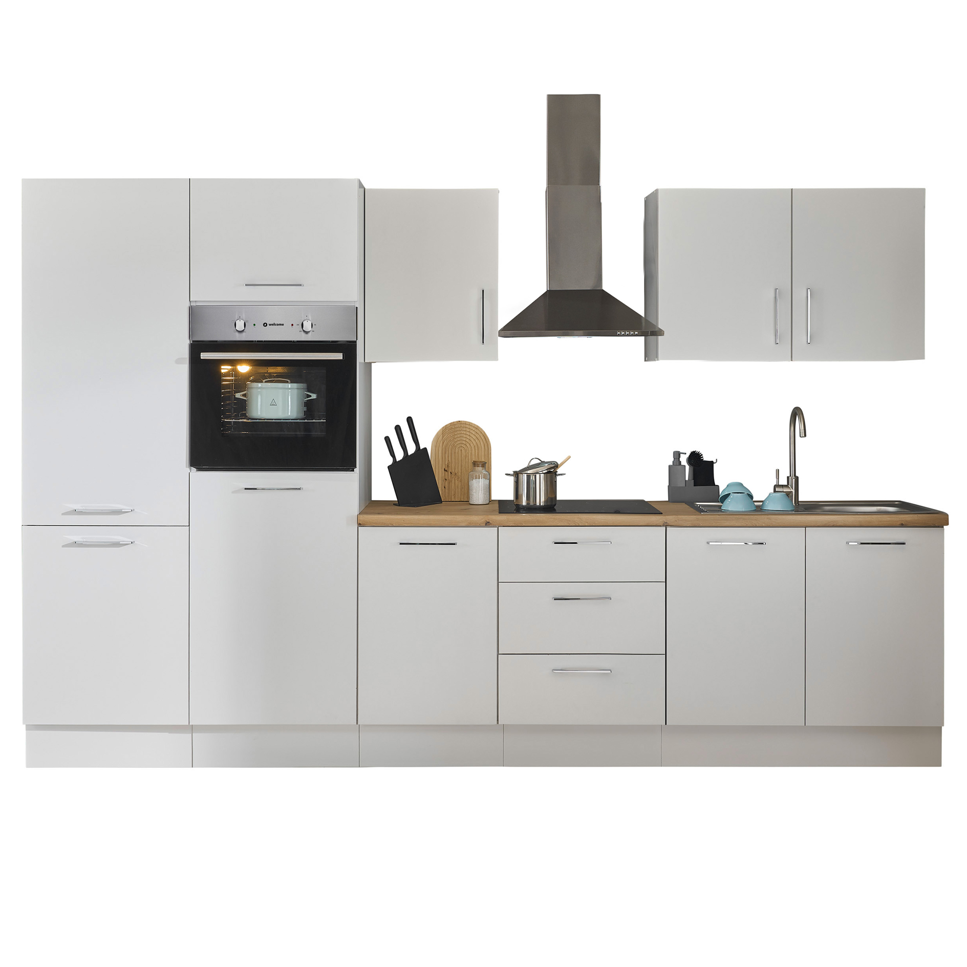 Küchenzeile TURIN - weiß matt - mit E-Geräten - Edelstahlspüle - 330 cm