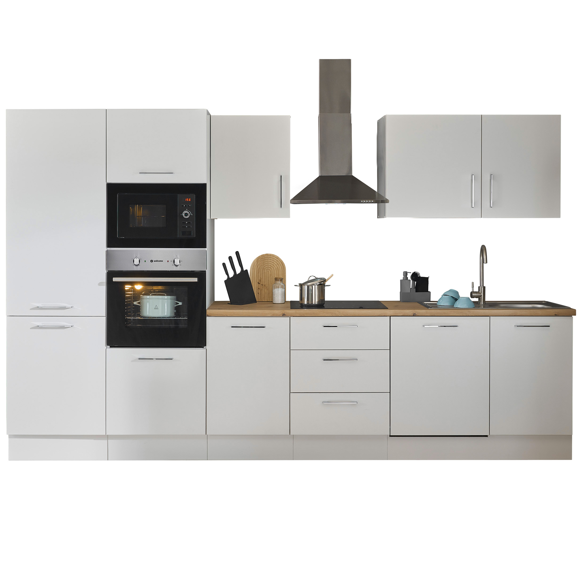 Küchenzeile TURIN - weiß matt - mit E-Geräten - Edelstahlspüle - 340 cm