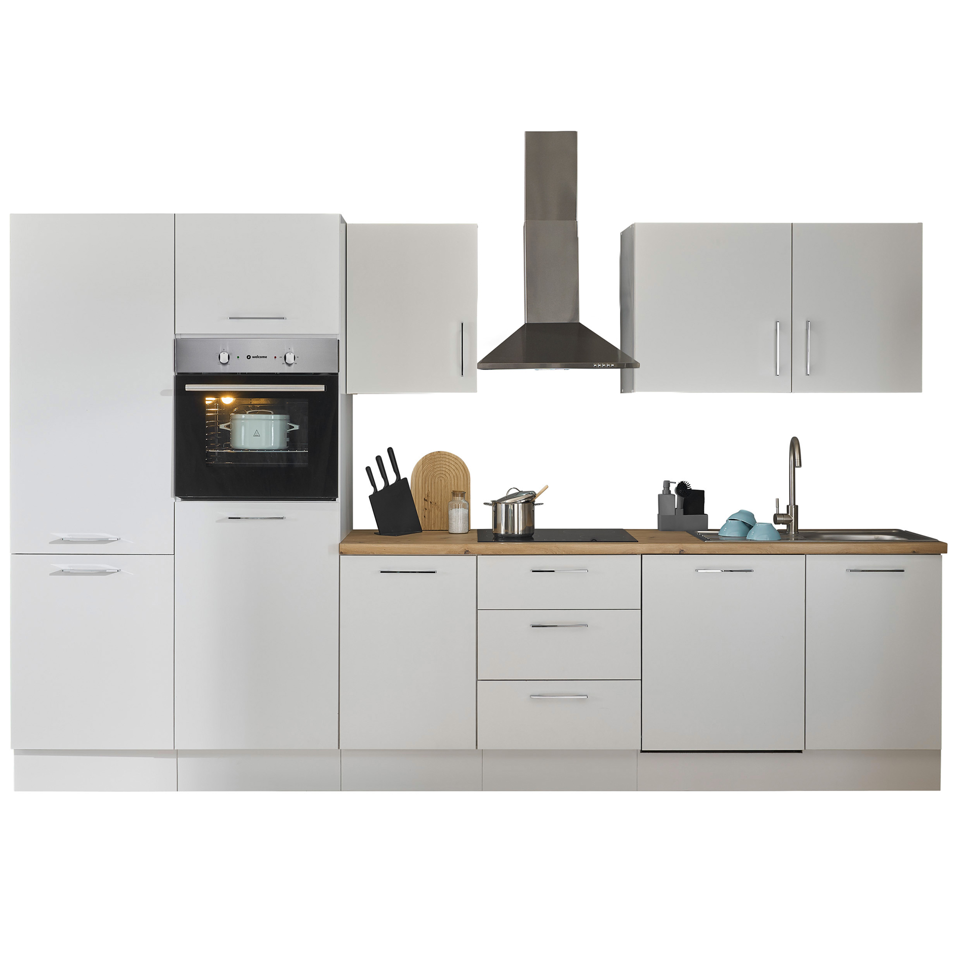 Küchenzeile TURIN - weiß matt - mit E-Geräten - Edelstahlspüle - 340 cm