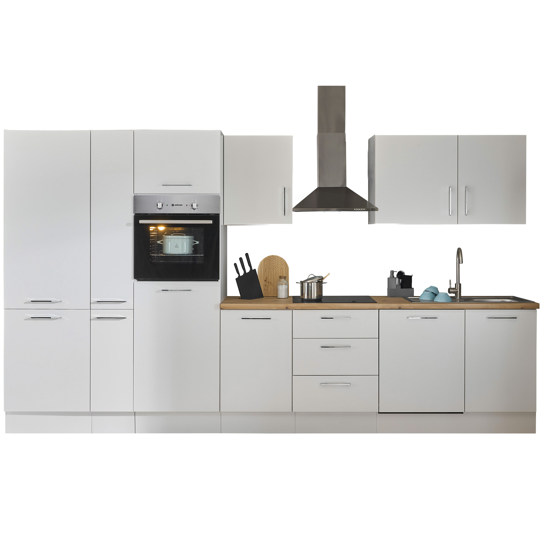 Küchenzeile TURIN - weiß matt - mit E-Geräten - Edelstahlspüle - 370 cm