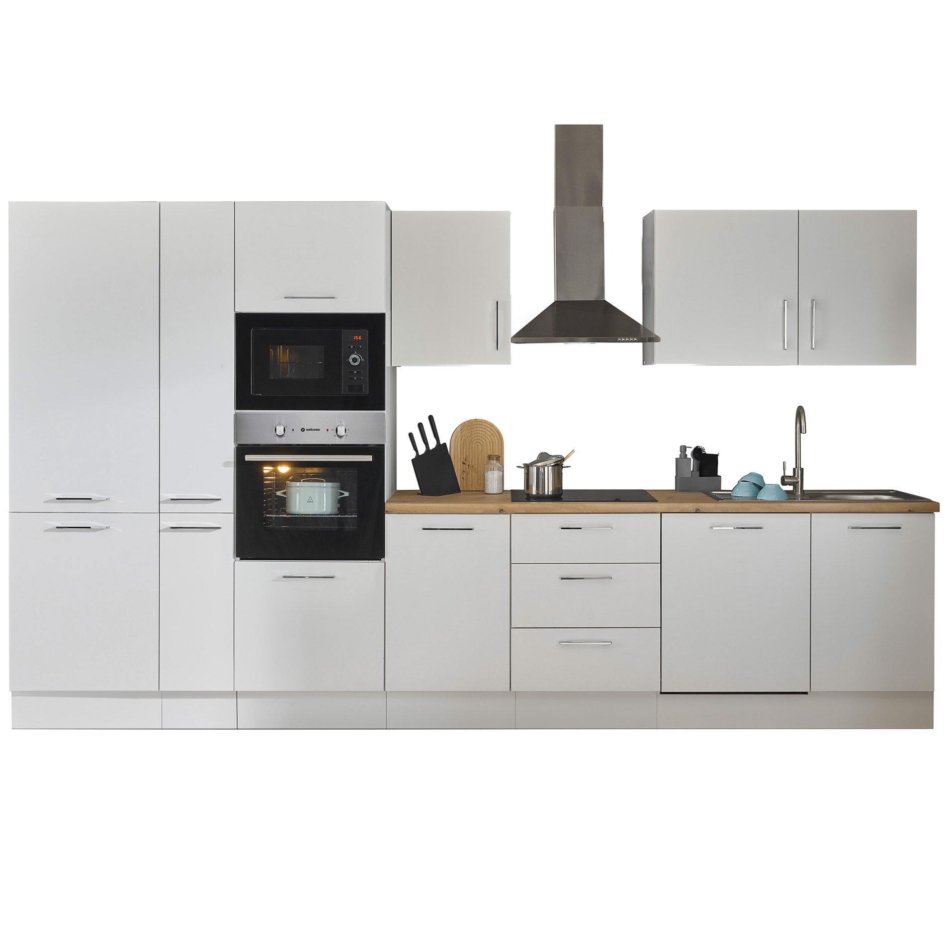 Küchenzeile TURIN - weiß matt - mit E-Geräten - Edelstahlspüle - 370 cm