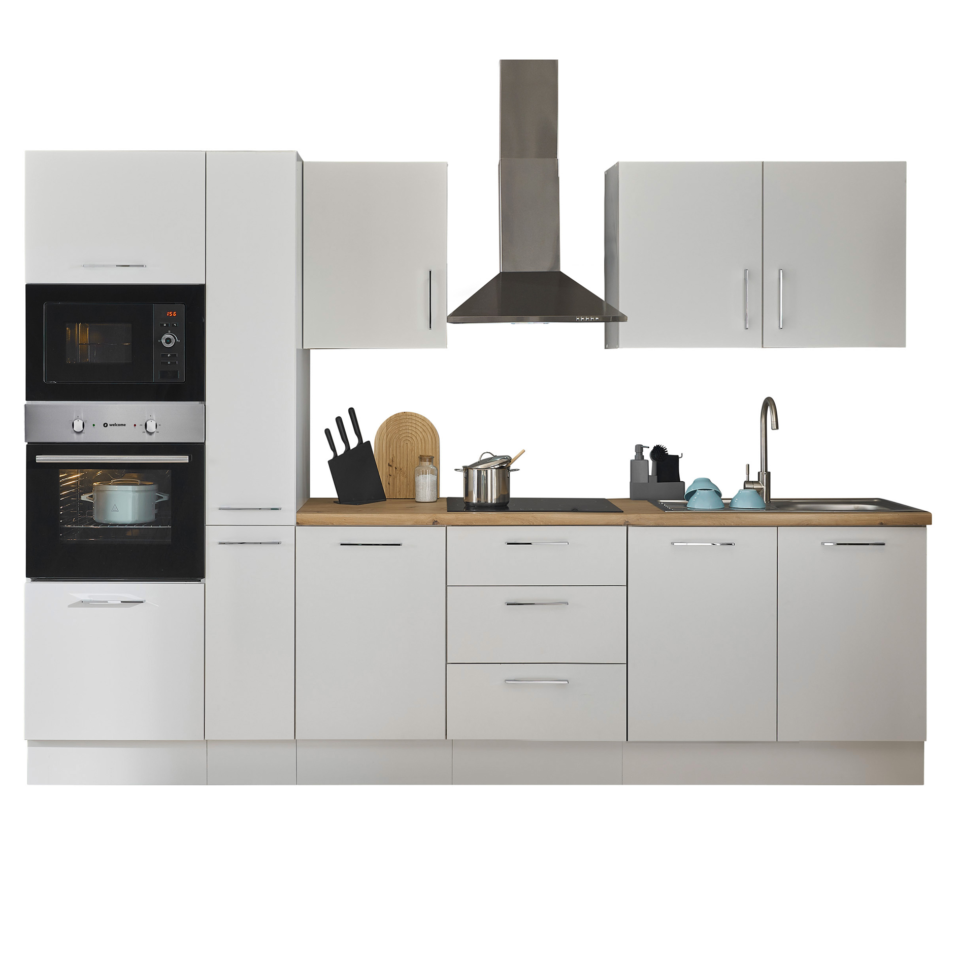 Küchenzeile TURIN - weiß matt - mit E-Geräten - Edelstahlspüle - Mikrowelle - 300 cm
