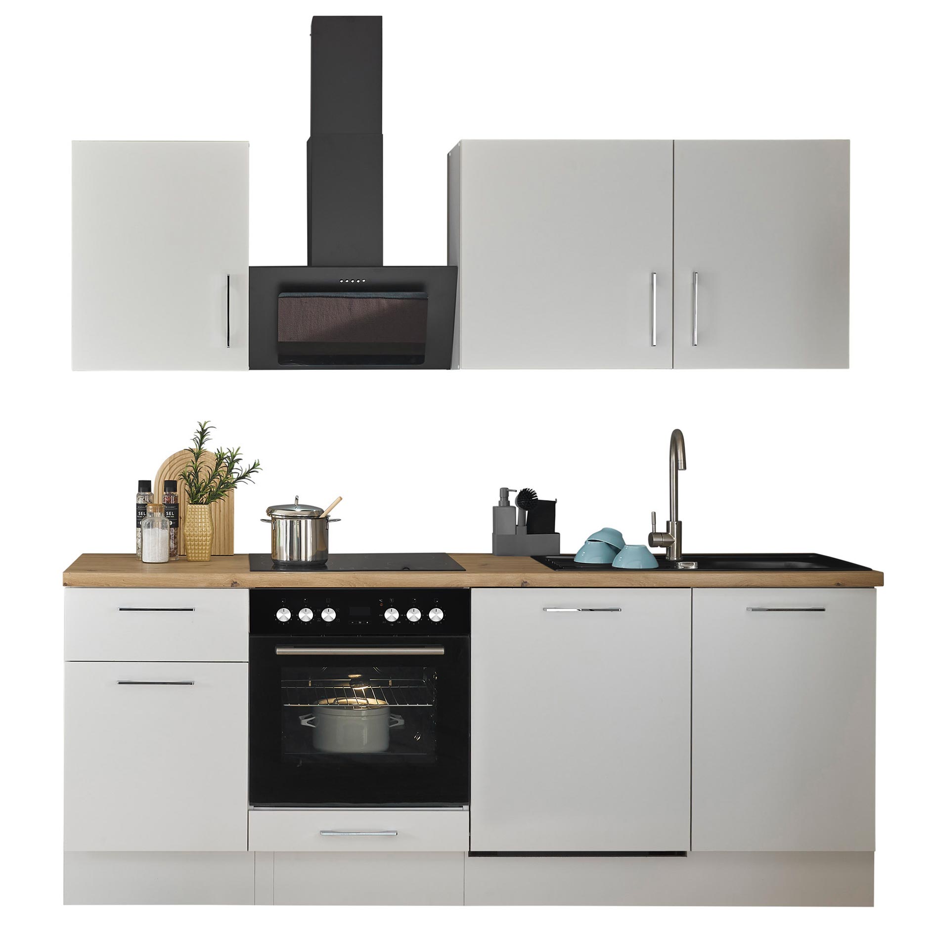 Küchenzeile TURIN - weiß matt - mit E-Geräten - Granitspüle - 220 cm