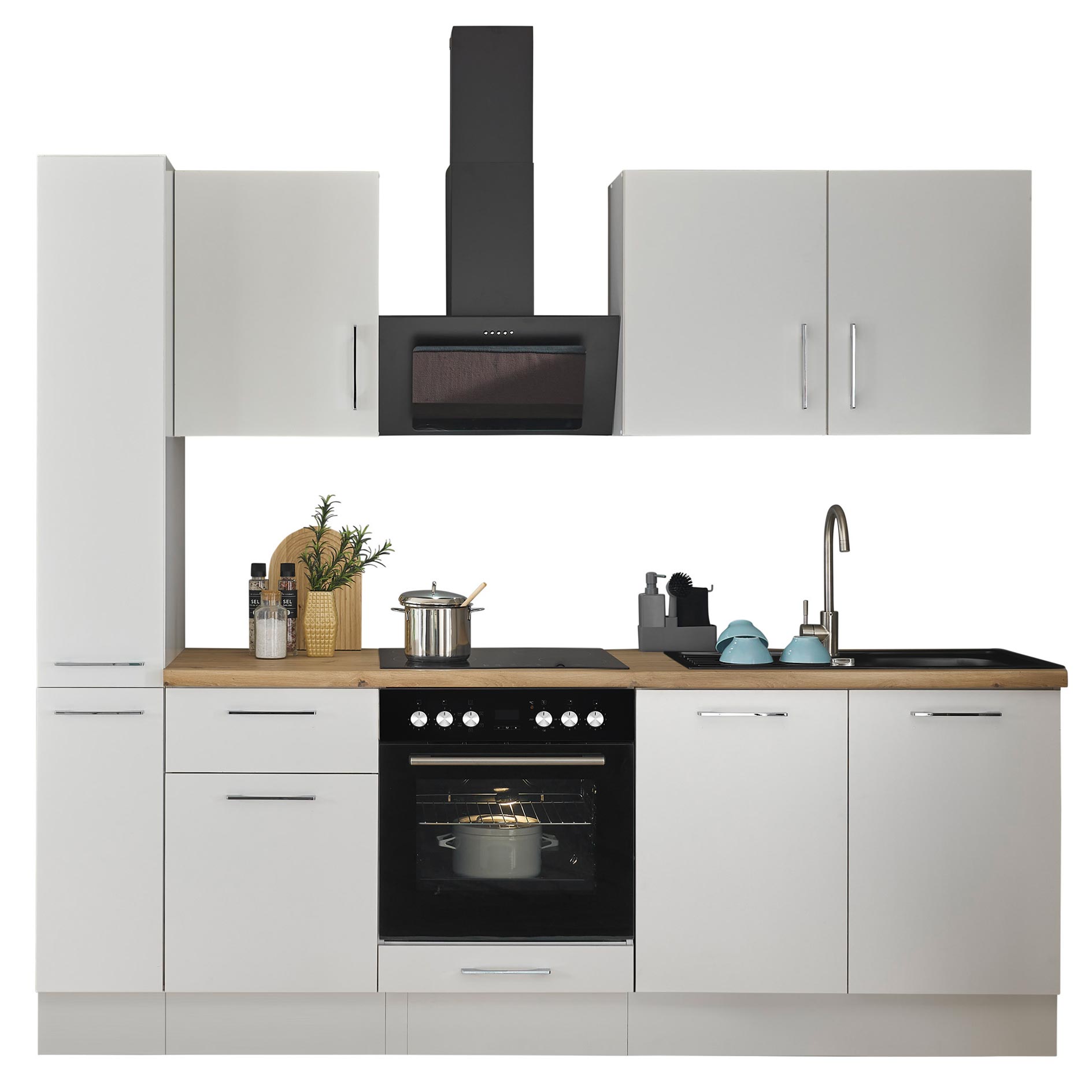 Küchenzeile TURIN - weiß matt - mit E-Geräten - Granitspüle - 240 cm