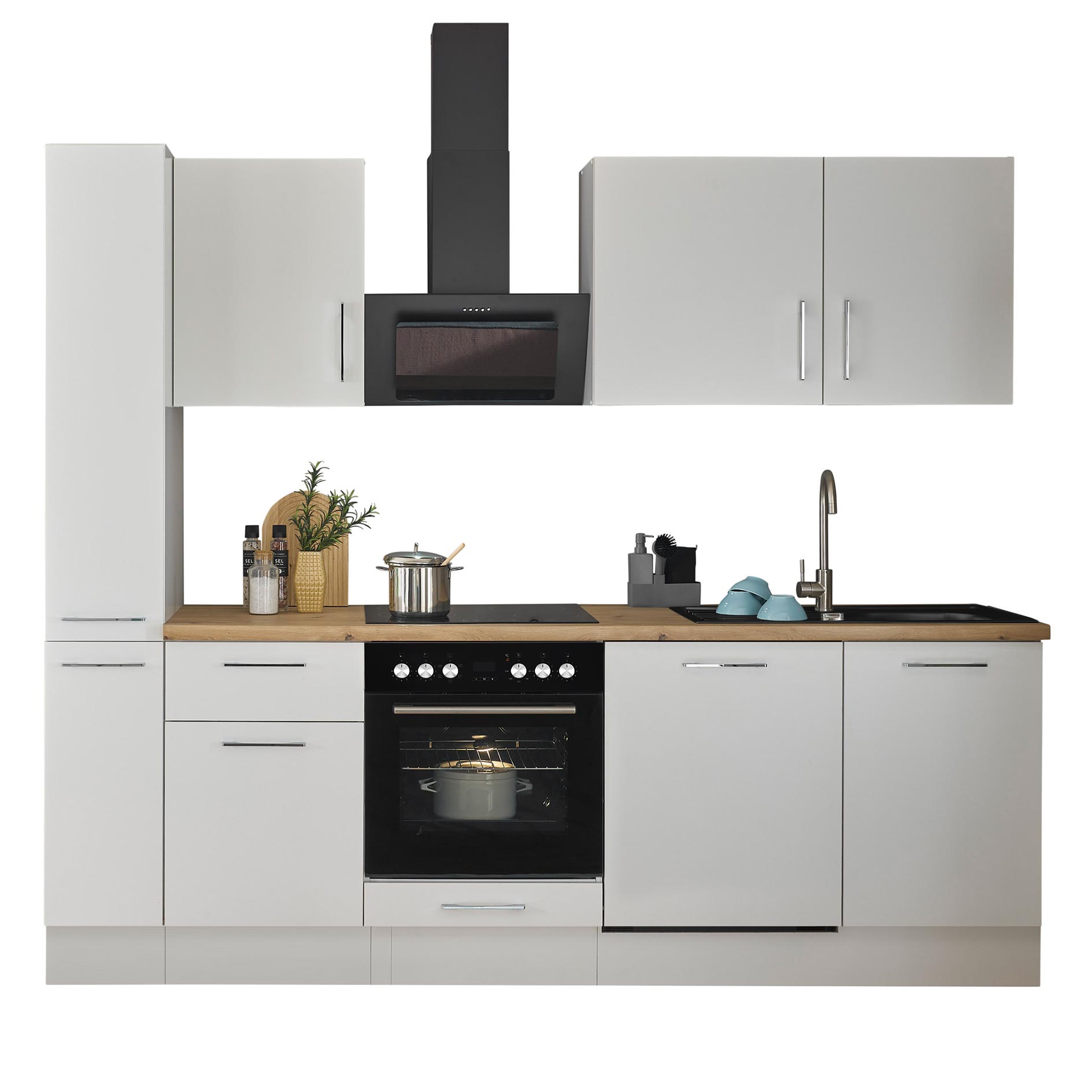 Küchenzeile TURIN - weiß matt - mit E-Geräten - Granitspüle - 250 cm