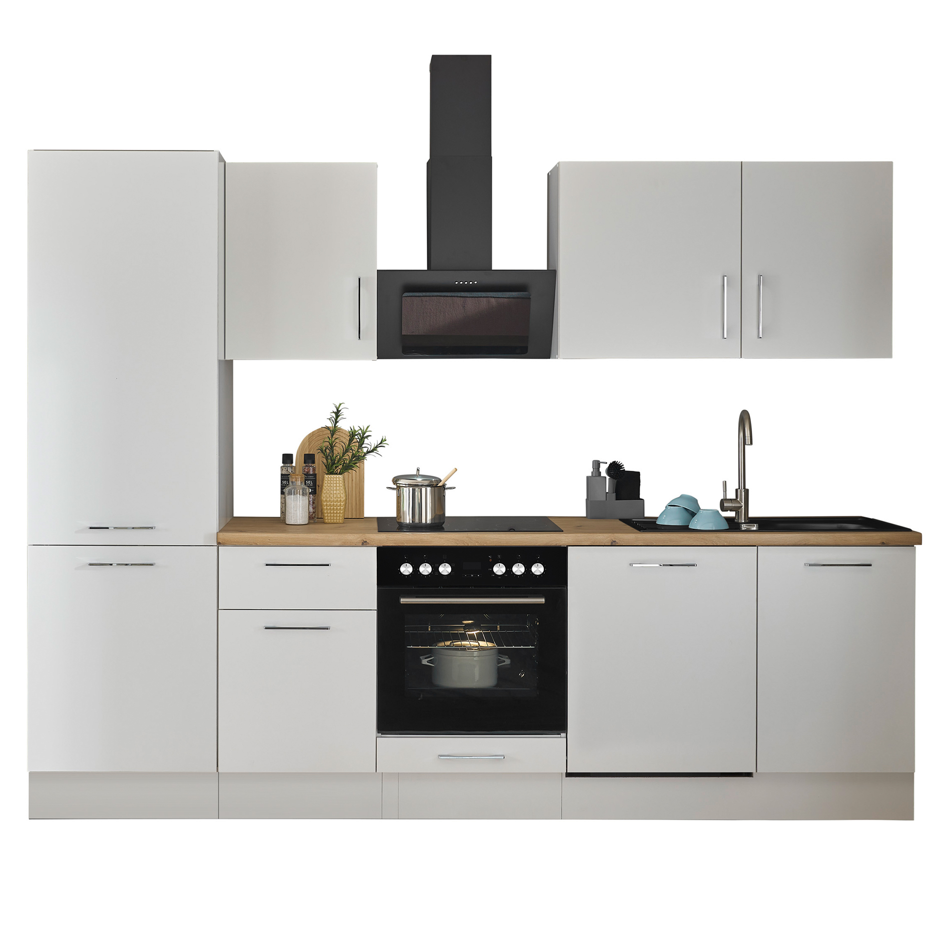 Küchenzeile TURIN - weiß matt - mit E-Geräten - Granitspüle - 280 cm