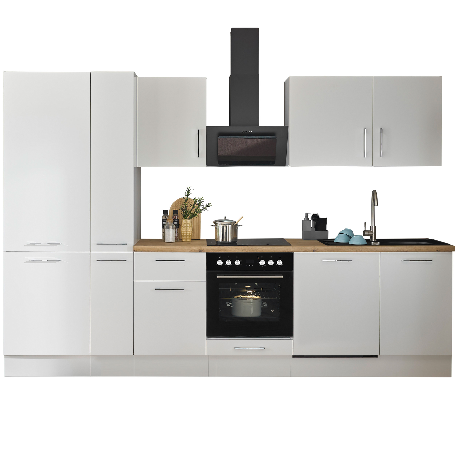 Küchenzeile TURIN - weiß matt - mit E-Geräten - Granitspüle - 310 cm