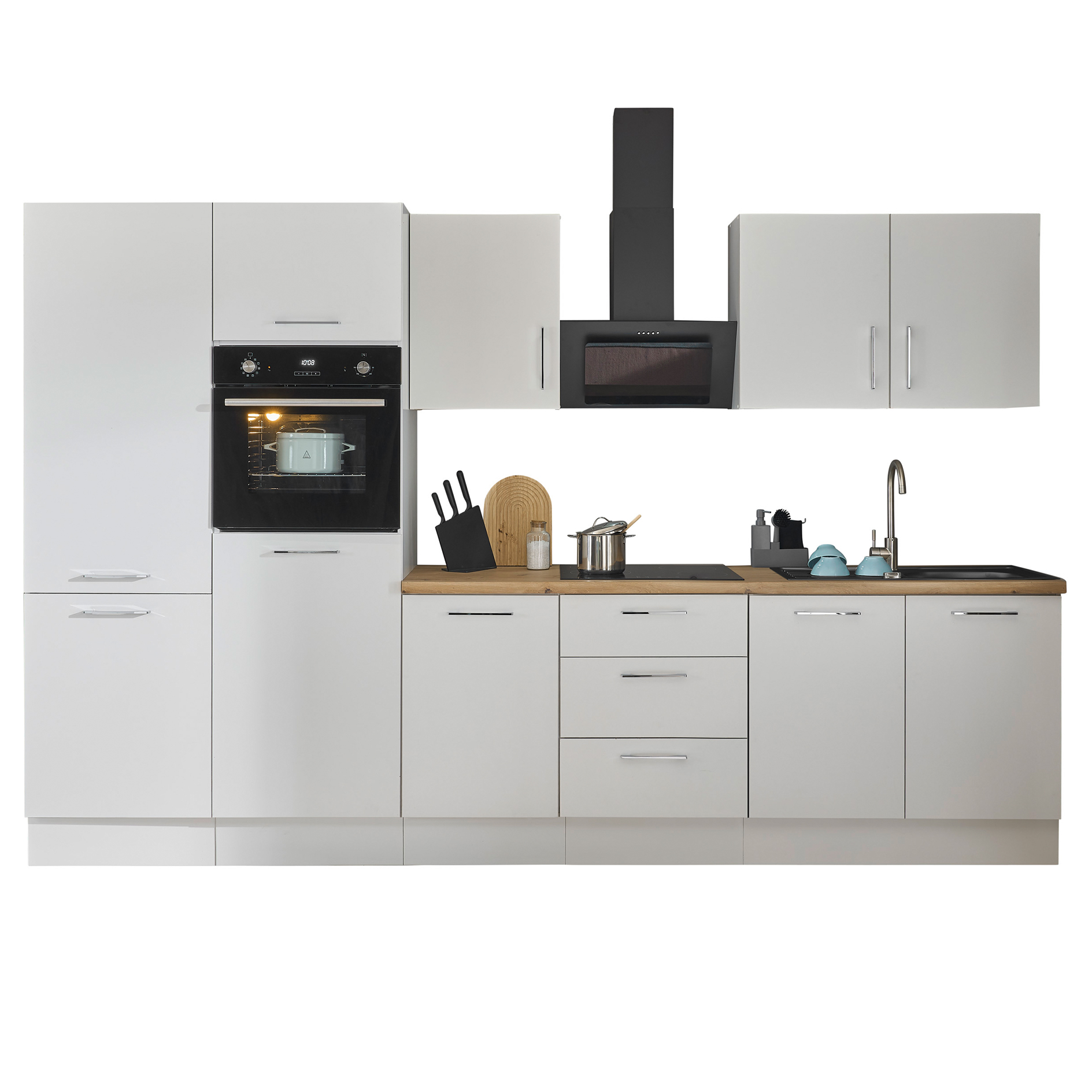 Küchenzeile TURIN - weiß matt - mit E-Geräten - Granitspüle - 330 cm