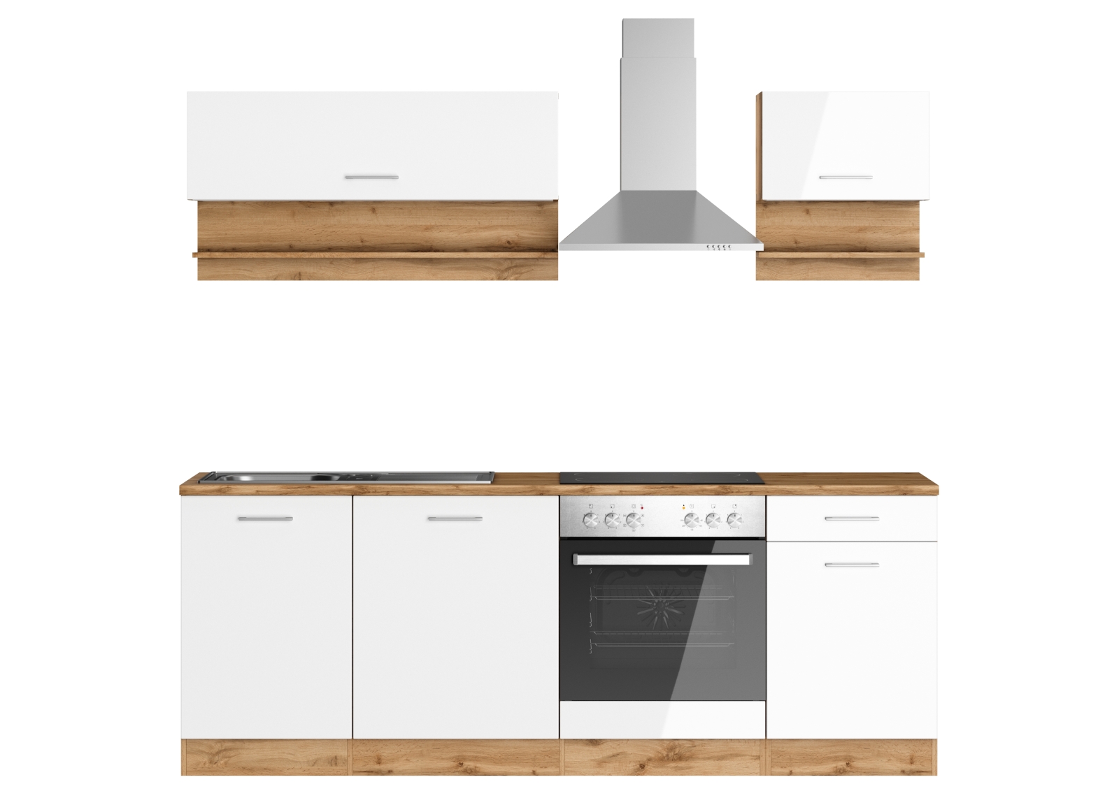 Küchenzeile - weiß Hochglanz - Wotaneiche - mit E-Geräten - 220 cm
