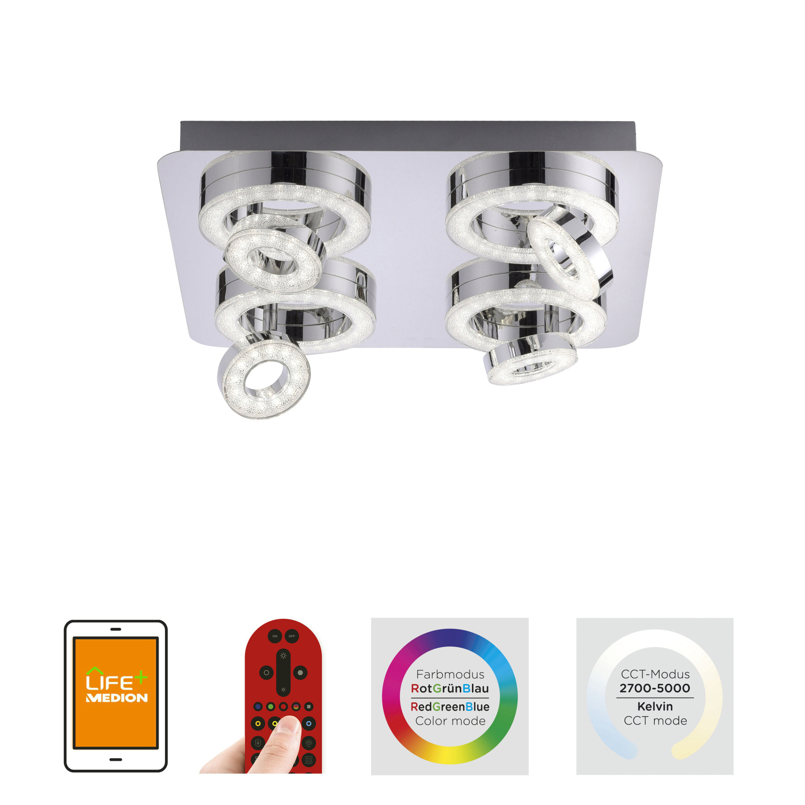 LED-Deckenleuchte - chrom - Kristalloptik - SmartHome