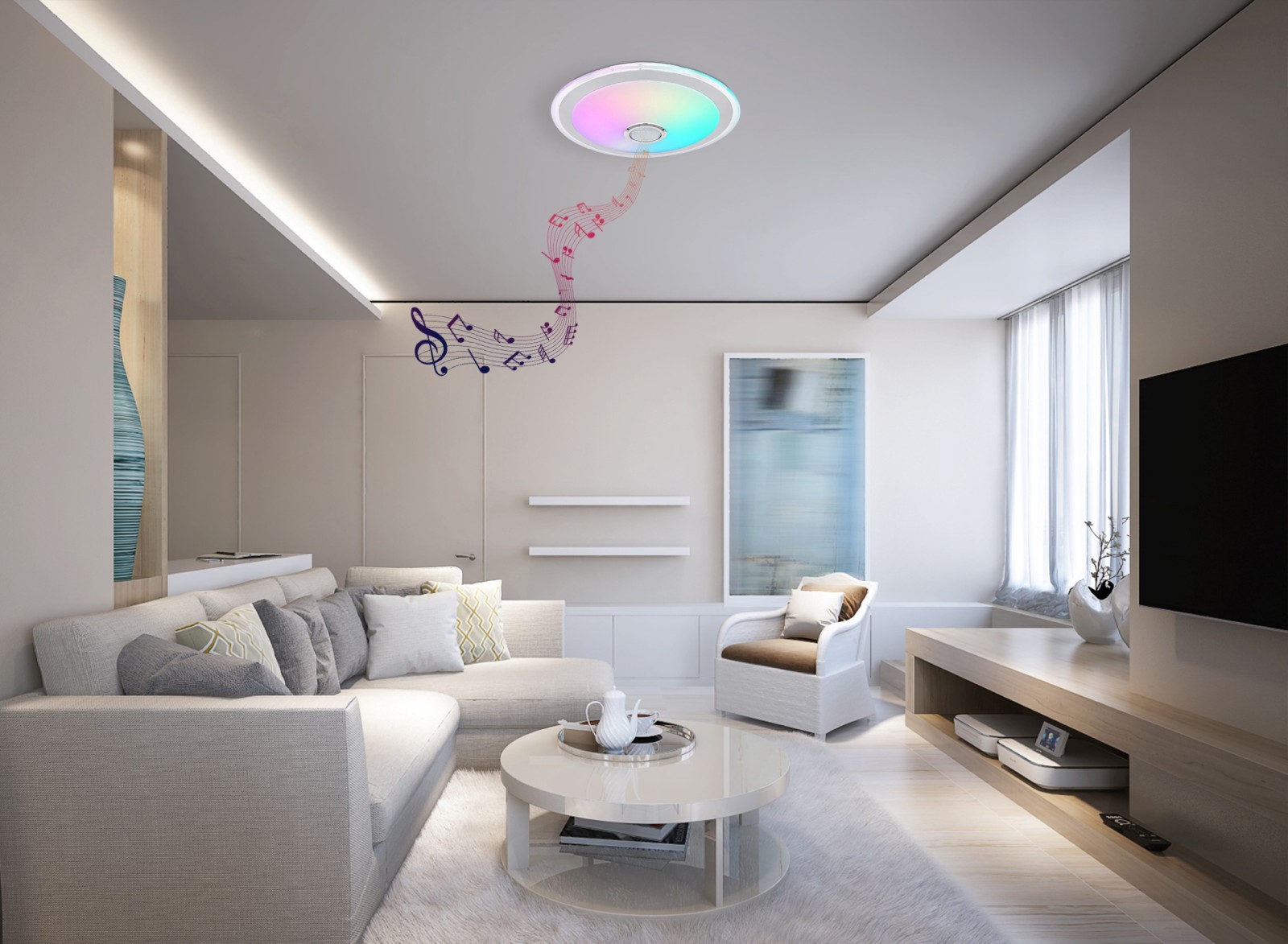 LED-Deckenleuchte - weiß-silbergrau - Regenbogeneffekt - mit Fernbedienung