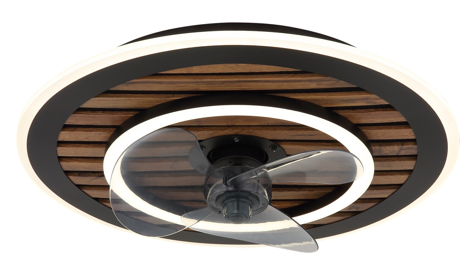 LED-Deckenventilator - schwarz matt - Holzoptik dunkel - opal rauchfarben - Ø 49 cm
