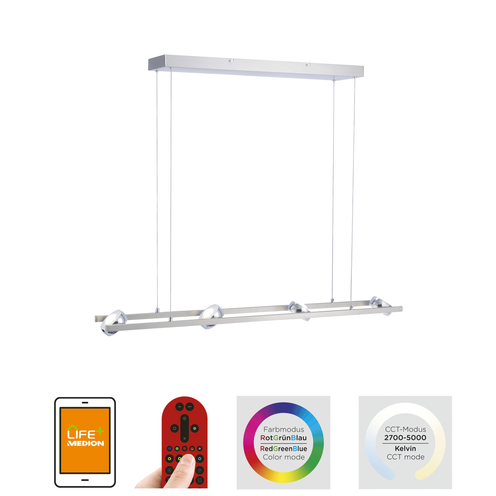 LED-Pendelleuchte - stahlfarben - SmartHome - 4-flammig