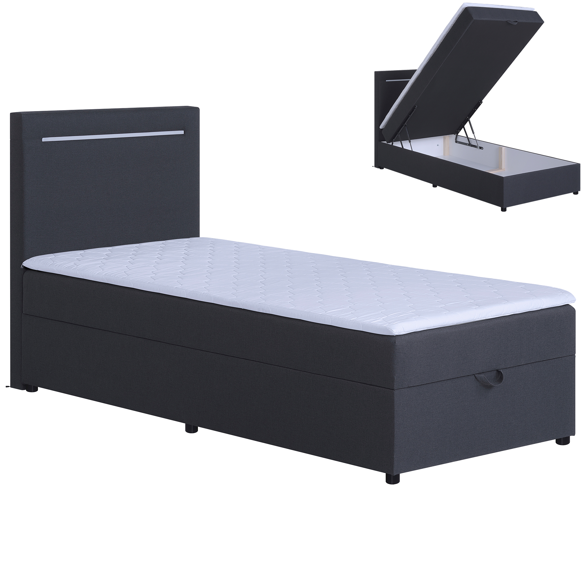 LED-Polsterbett - anthrazit - H3 - Bettkasten - mit Topper - 100x200 cm