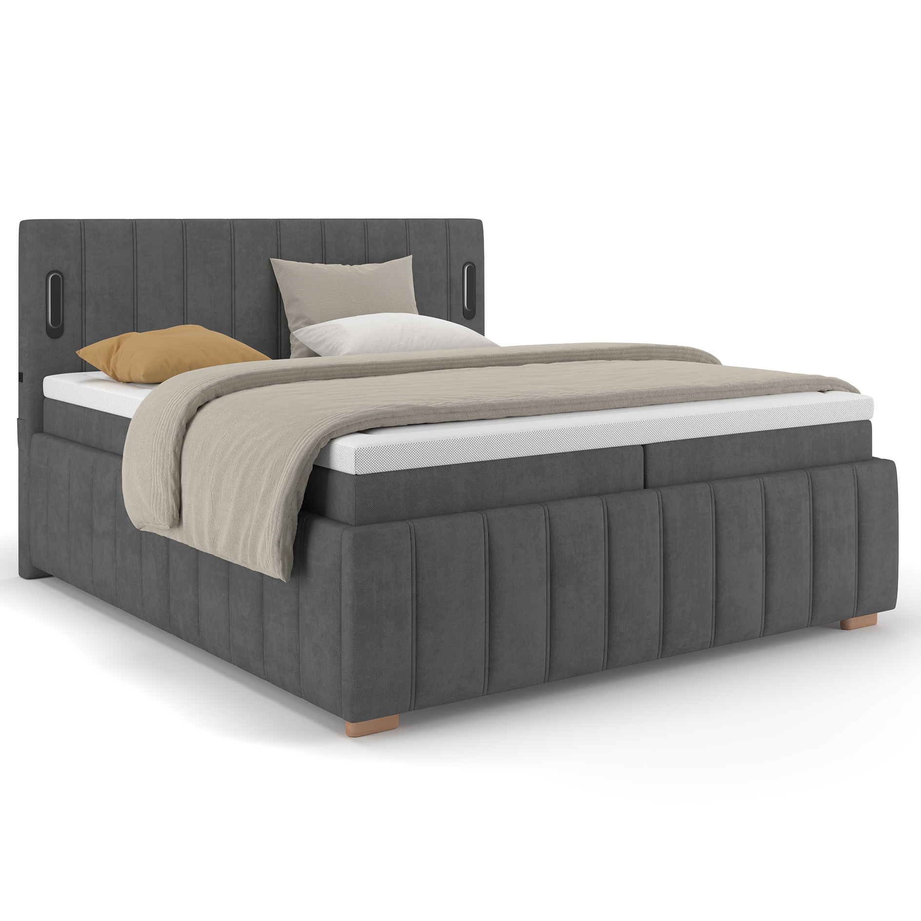 LED-Polsterbett - anthrazit - USB - mit Topper - Bettkasten - 180x200 cm