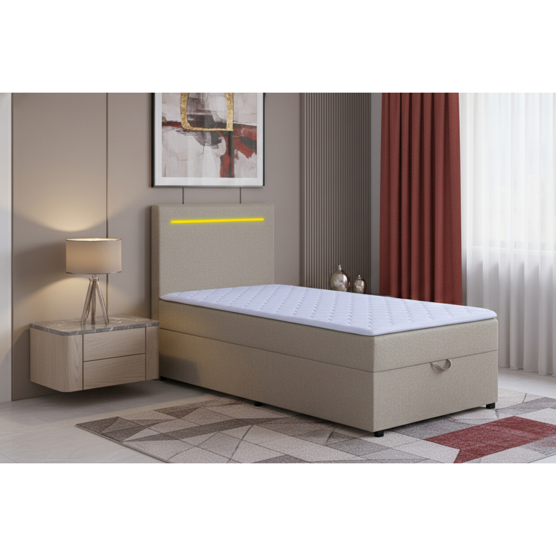 LED-Polsterbett - beige - H3 - Bettkasten - mit Topper - 100x200 cm