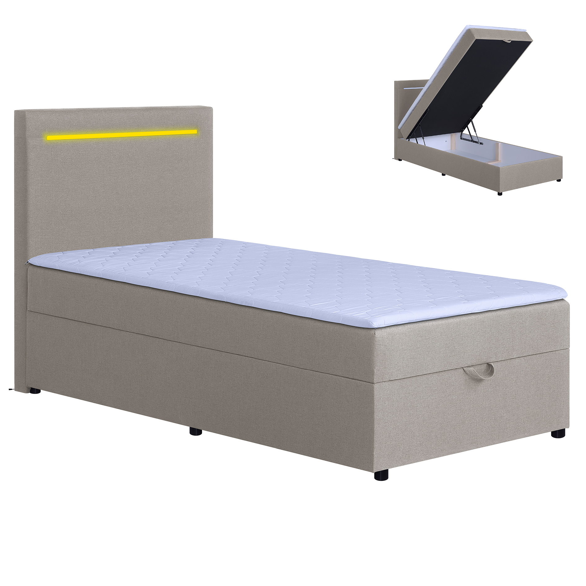 LED-Polsterbett - beige - H3 - Bettkasten - mit Topper - 100x200 cm