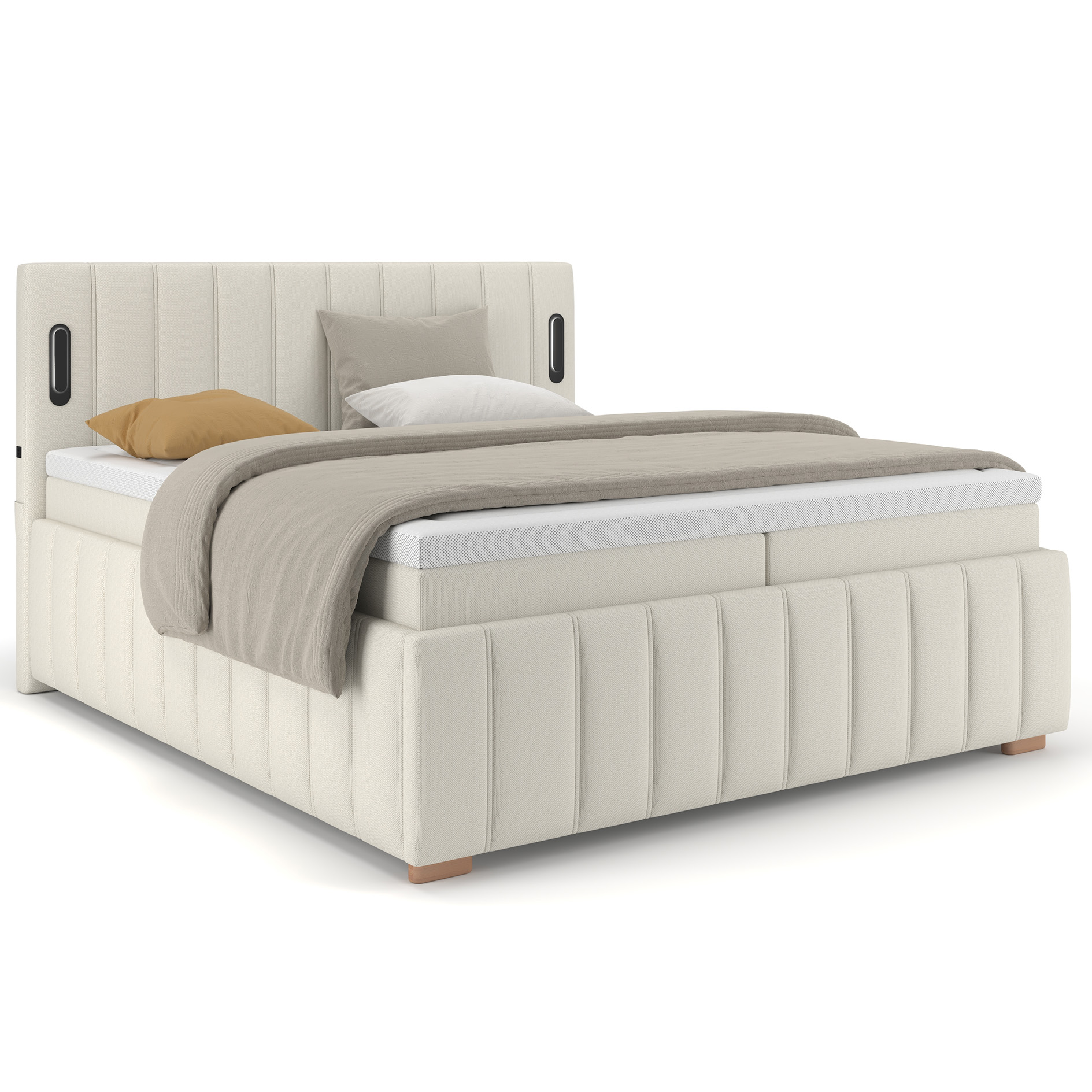 LED-Polsterbett - beige - USB - mit Topper - Bettkasten - 160x200 cm