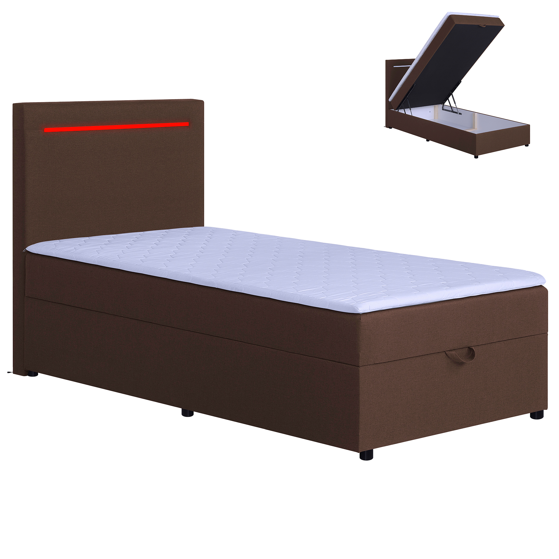LED-Polsterbett - brown - H3 - Bettkasten - mit Topper - 100x200 cm