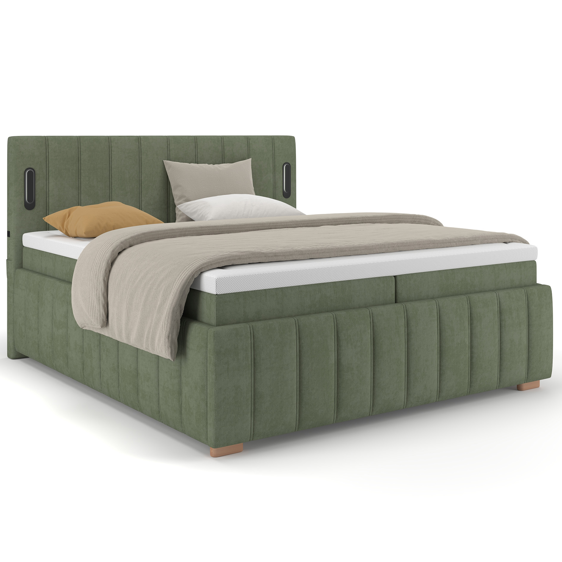 LED-Polsterbett - grün - USB - mit Topper - Bettkasten - 160x200 cm