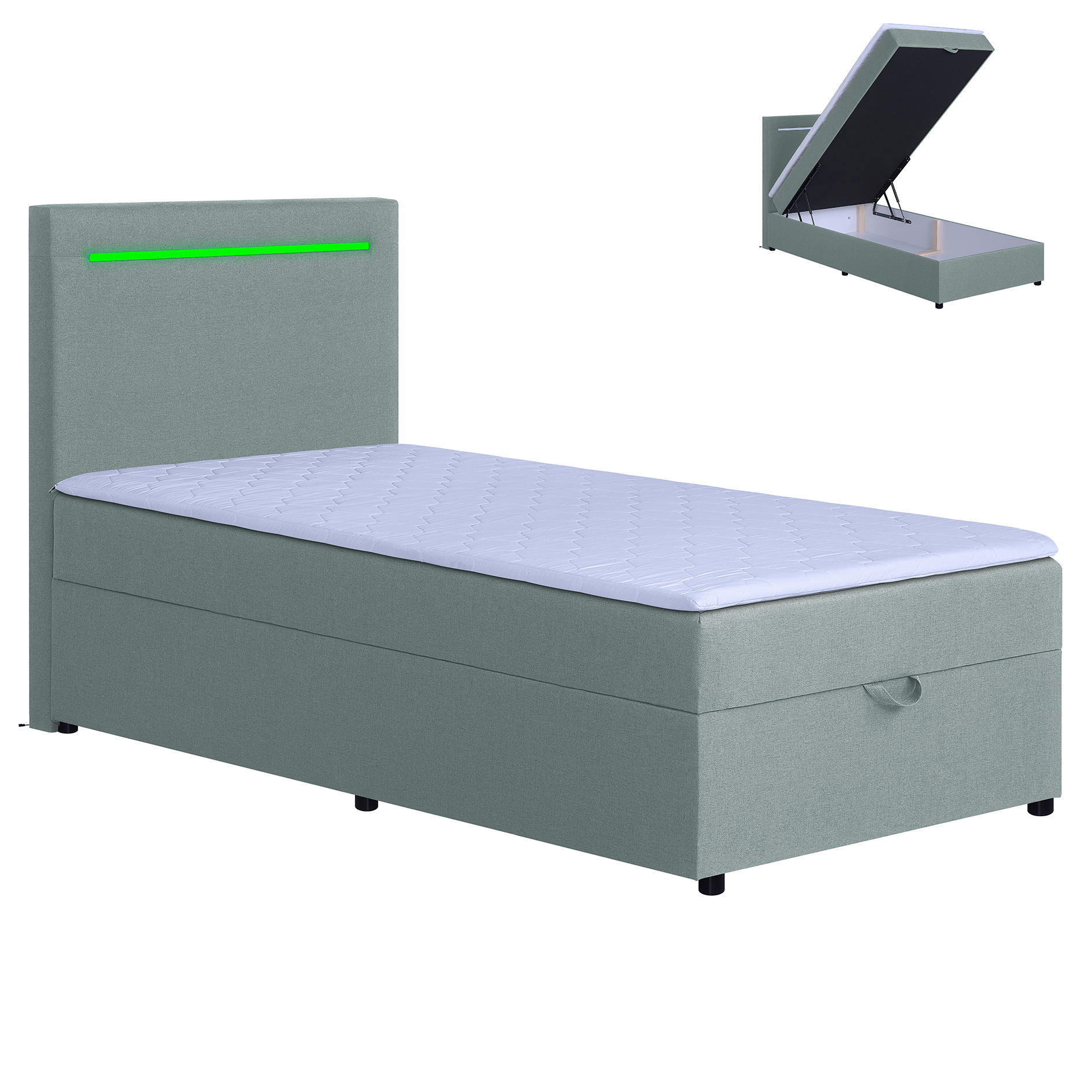 LED-Polsterbett - mint - H3 - Bettkasten - mit Topper - 100x200 cm