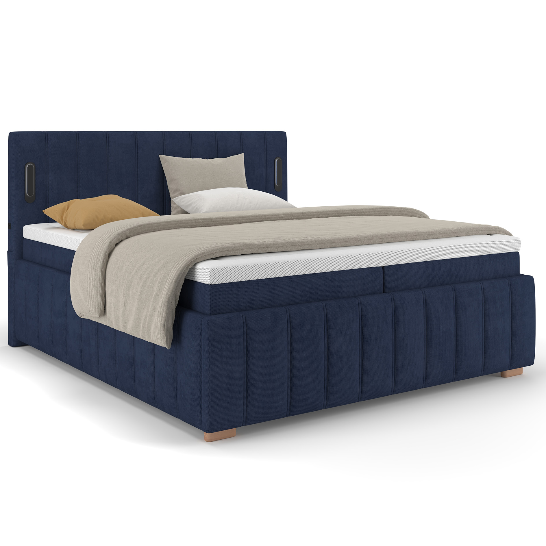 LED-Polsterbett - navy - USB - mit Topper - Bettkasten - 160x200 cm