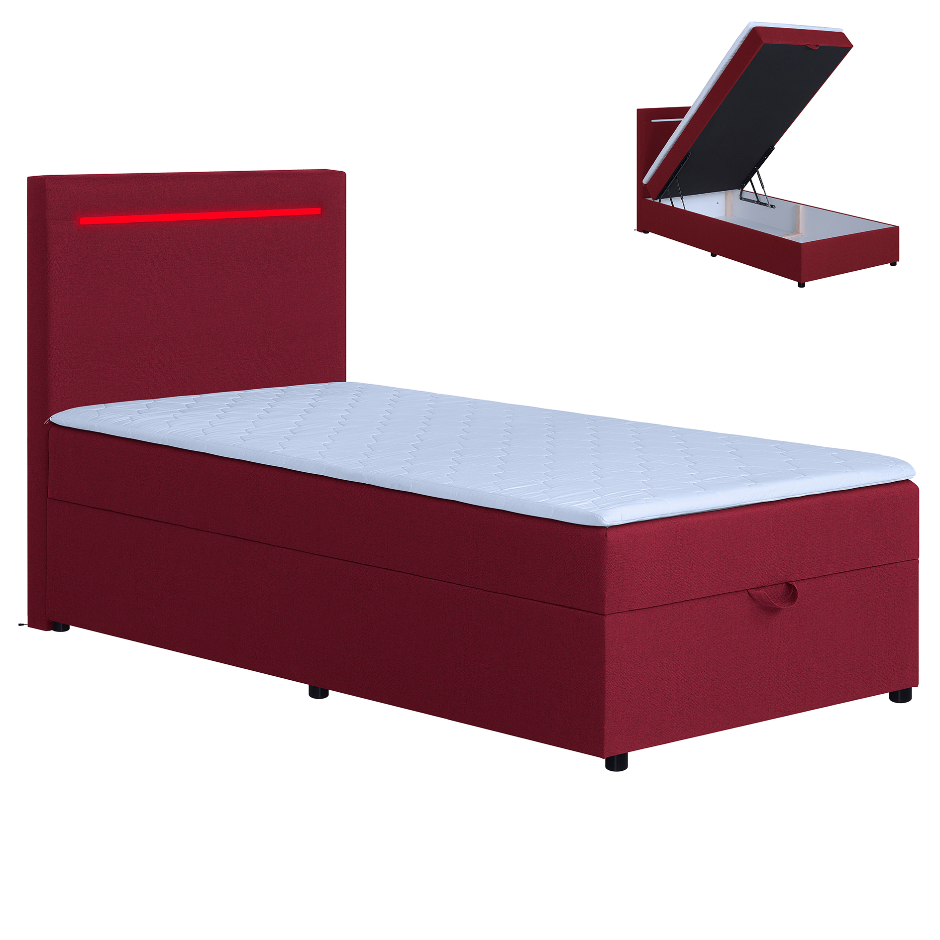 LED-Polsterbett - red - H3 - Bettkasten - mit Topper - 100x200 cm