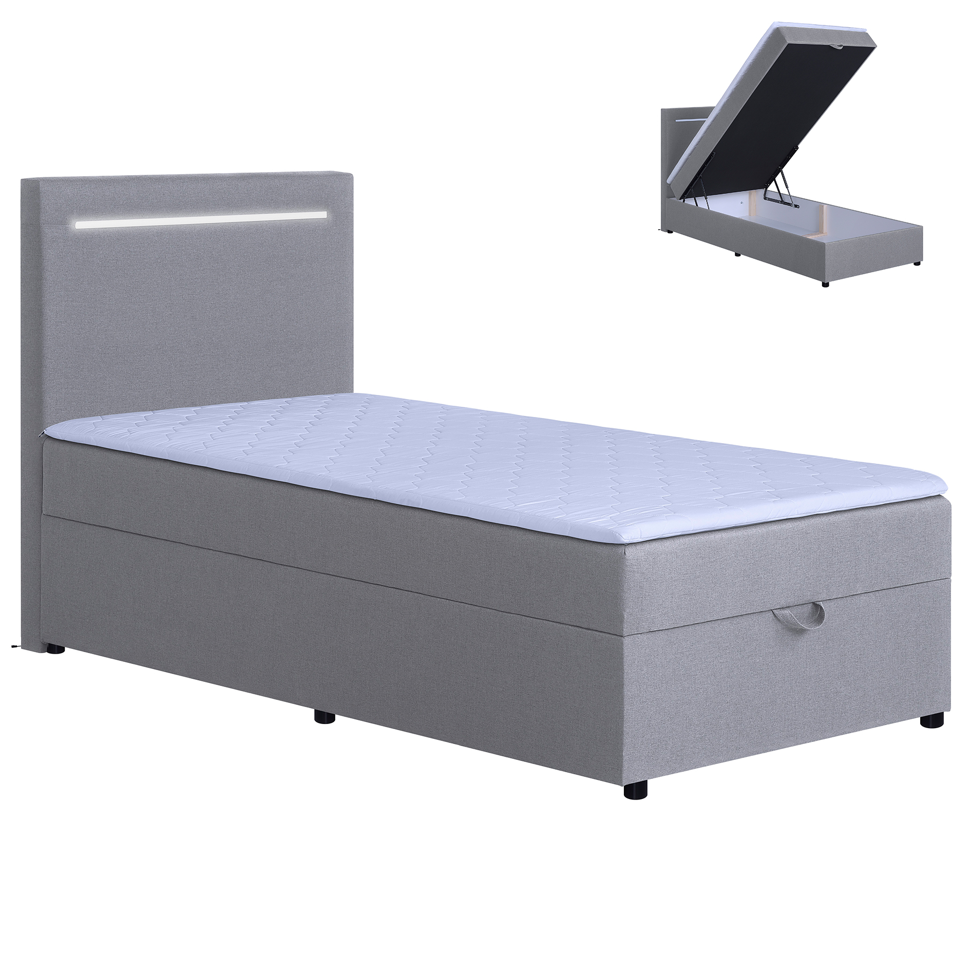 LED-Polsterbett - silver - H3 - Bettkasten - mit Topper - 100x200 cm